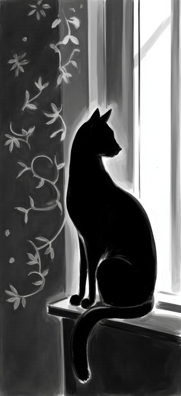 mattise_nice, Create a captivating digital wallpaper in desktop resolution, featuring a delicate black and white scene inspired by the "Matisse in Nice" style. The central focus of this artwork is a graceful cat, elegantly perched by the window, its form a harmonious blend of fluid lines and soft curves. The luxurious simplicity of the Matisse-inspired strokes infuses the image with a sense of tranquility and grace. The cat gazes outward, capturing the quiet contemplation shared between the creature and its world, embodying a serene moment frozen in time. The window, adorned with intricate, yet subtle patterns, allows gentle streams of light to filter through, casting gentle shadows and creating a compelling interplay of light and dark. The background is minimalistic, drawing attention to the cat's poised silhouette and the delicate details of the window frame. This art piece exudes a modern elegance, perfect for turning your digital screen into a work of art, presenting a crisp and clean aesthetic ideal for printing as a refined digital wallpaper.