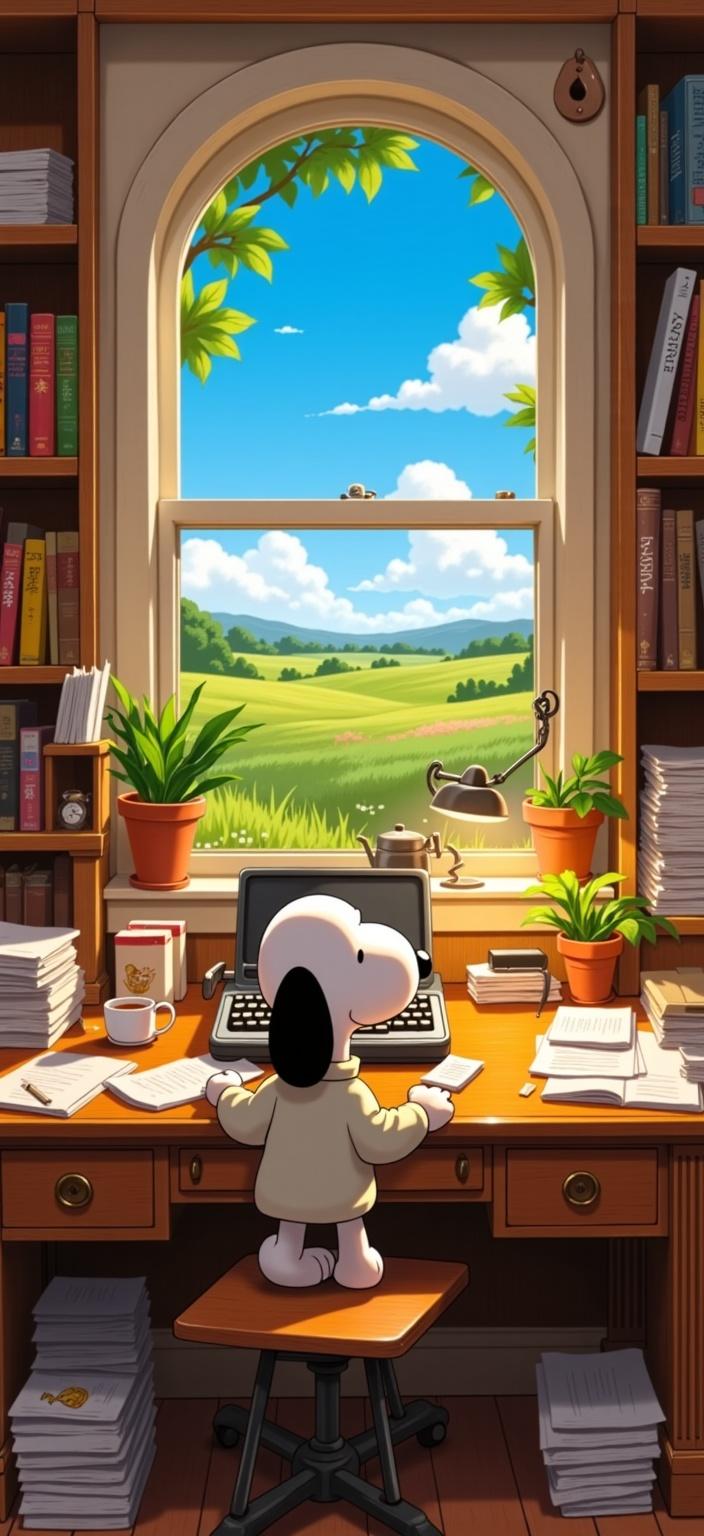 ghibli_illustration, The image portrays Snoopy, the beloved beagle, engrossed in his work at a desk. The setting is reminiscent of an animated wonderland, where each element is alive with detail and charm. Snoopy, with his familiar floppy ears and endearing expression, is meticulously rendered to capture his whimsical essence. 

He sits at a wooden desk cluttered with everyday objects like a vintage typewriter, stacks of papers, a steaming cup of coffee, and a desk lamp casting a warm glow. Each item is intricately detailed, embodying a lived-in quality that draws viewers into the scene. The hand-drawn animation style breathes life into the textures, with the pencil sketches subtly adding imperfections that enhance the authenticity and warmth of the piece.

The background is a richly detailed tapestry of Snoopy's cozy room, bathed in a warm, natural light that creates an inviting atmosphere. Bookshelves filled with colorful spines and potted plants add depth and character, while the window reveals a dreamy outdoor scene, painted in bright yet slightly muted colors to maintain a nostalgic and soothing tone.

The soft, painterly textures give the image a huggable quality, with the colors avoiding harsh contrasts to blend seamlessly into a dreamlike landscape. Each element, from the folds of Snoopy's sweater to the wooden grain of the desk, is vividly rendered, inviting a tactile experience that feels both nostalgic and contemporary.

Centered perfectly, the composition ensures Snoopy is the focal point, clearly visible and accurately proportioned, making this digital wallpaper an ideal piece for those seeking a whimsical yet serene addition to their space.