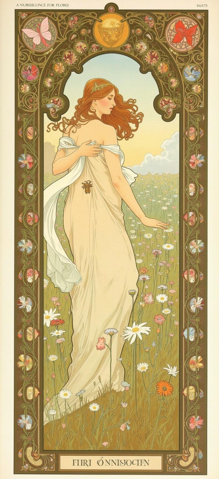 mucha, In the center of this digital wallpaper, a barefoot fairy gracefully strolls through a lush wildflower field, exuding an ethereal presence. Her long gown, trailing behind like flowing silk, is ornately adorned with embroidered daisies and dandelions, reflecting the delicate touch of nature’s embrace. Accompanying her are fluttering butterflies and buzzing bees, adding life and movement to the serene scene.

The painting draws inspiration from a style characterized by flowing, organic lines and intricate decorative patterns. The harmonious blend of natural motifs, including flowers, vines, and celestial elements, creates a dreamlike, romantic aesthetic. The background is highly stylized, reminiscent of Mucha’s signature approach, with delicate colors and exuberant floral motifs seamlessly merging fine art with design.

The composition is enriched with sinuous vines, blooming flowers, and subtle geometric patterns, enhancing the painting with a refined, ornamental quality. The entire scene is enclosed within an elaborate ornamental frame, its sweeping curves and detailed embellishments reminiscent of a grand Gothic window. This intricate border, adorned with organic patterns, flowers, and celestial symbols, serves as a visual gateway into a dreamlike realm where nature and human emotion intertwine in poetic harmony. Perfectly centered, this art print is tailored for digital wallpaper, ensuring a crisp, clean look ready to grace any digital device with its enchanting allure.