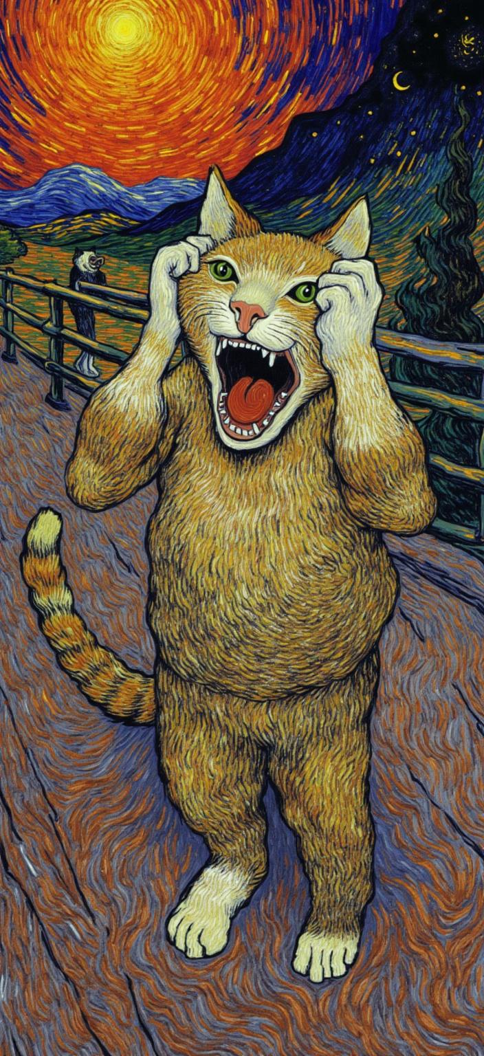 van_gogh, In this captivating digital wallpaper, a surprised, wide-eyed cat takes center stage, standing on a bridge with its mouth open in a dramatic scream, reminiscent of the iconic composition of Edvard Munch's 'The Scream'. The feline's front view features an exaggerated expression, with its paws covering both ears in a gesture of humorous despair. Painted in a stylized manner akin to an oil painting, every detail is accentuated to convey a dramatic, surreal, and humorous atmosphere.

The background is a mesmerizing swirl of intense colors, capturing a sunset sky in vivid orange, purple, and blue tones. The expressive brushstrokes, a hallmark of the chosen style, add a sense of movement and emotional depth, as they weave a tapestry of color across the sky. The bold complementary color contrasts heighten the visual impact and intensity of the scene, with blue and orange, along with yellow and purple, dancing in dynamic harmony.

Each brushstroke is applied in thick, impasto layers, giving the painting a tactile, almost three-dimensional quality. The loose, energetic, and swirling patterns echo the cat's dramatic pose, with curly, flame-like brushstrokes that imbue the composition with a rhythmic, pulsating energy. This dynamic touch, combined with vigorous, linear patterns, creates a unique sense of motion and life, drawing the viewer into the raw emotion and urgency of the scene.

This artwork transcends the ordinary, offering a deeply personal and universally compelling piece perfect for a digital wallpaper. It captures the essence of the style with an engaging blend of humor and intensity, ensuring a crisp, clean look that will transform any digital space.