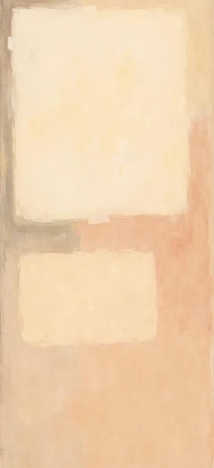rothko, The painting captures the essence of a "latte colored flows wallpaper" with a simplistic yet captivating design. The artwork is inspired by a style that emphasizes complex layering of translucent colors, allowing light to filter through and creating an appearance of "inner light" with remarkable luminosity. The background features a series of soft-edged, latte-toned rectangles that hover weightlessly, resembling floating zones of color. At close range, the hues melt and fuse together, with blurred boundaries that enhance the soothing quality of the piece. The richly varied surfaces are further accentuated by paint drips and strokes that traverse the canvas in unconventional directions, adding an intriguing texture and depth. Designed specifically as a digital wallpaper, the image is centered to ensure a crisp, clean look, making it ideal for printing.