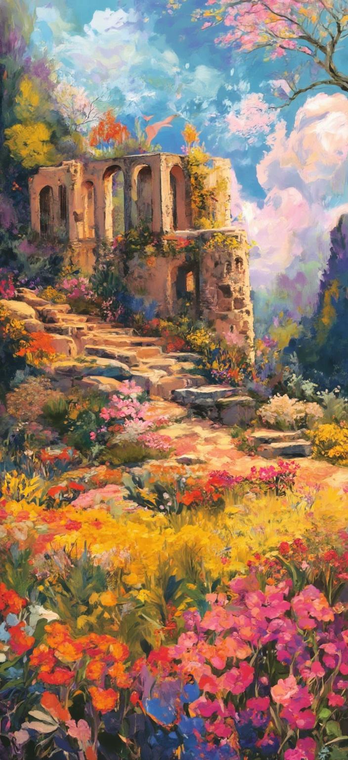 colorful_illustration, This enchanting digital artwork transports viewers to a serene and mystical world, where the peaceful ruins of Tel Mageddon sit gracefully amid lush, tranquil meadows. The scene captures the essence of anime, blending a sense of adventure with calm and contemplation. The ruins, ancient and mysterious, are intricately detailed, with weathered stones and overgrown vines that suggest a history long forgotten.

Painted in a vibrant and colorful illustration style, the artwork is imbued with a playful, dynamic, and hand-drawn feel. The background bursts with organic shapes and scattered decorative elements, as if nature itself is reclaiming the space. Various leaves and floral elements are arranged harmoniously across the canvas, creating a natural, free-flowing quality reminiscent of a paradise untouched by time.

The image draws inspiration from a lavish, decorative style, presenting an intricate composition that blends bold organic shapes with delicate details. Scattered ornamental elements, like dots, swirls, and abstract motifs, add to the magical atmosphere, dancing across the scene with a sense of rhythm and whimsy. The luxurious layering of colors and patterns creates a remarkable depth and movement, inviting the viewer to explore further into this captivating world.

The artwork beautifully incorporates organic shapes and radial floral patterns, creating a harmonious and hand-drawn ambiance. It evokes a sense of nostalgia and wonder, reminiscent of Scandinavian folk art and mid-century botanical prints. Centered perfectly, this image is tailored for a digital wallpaper, ensuring a crisp and clean look that will bring an enchanting touch to any digital setting.