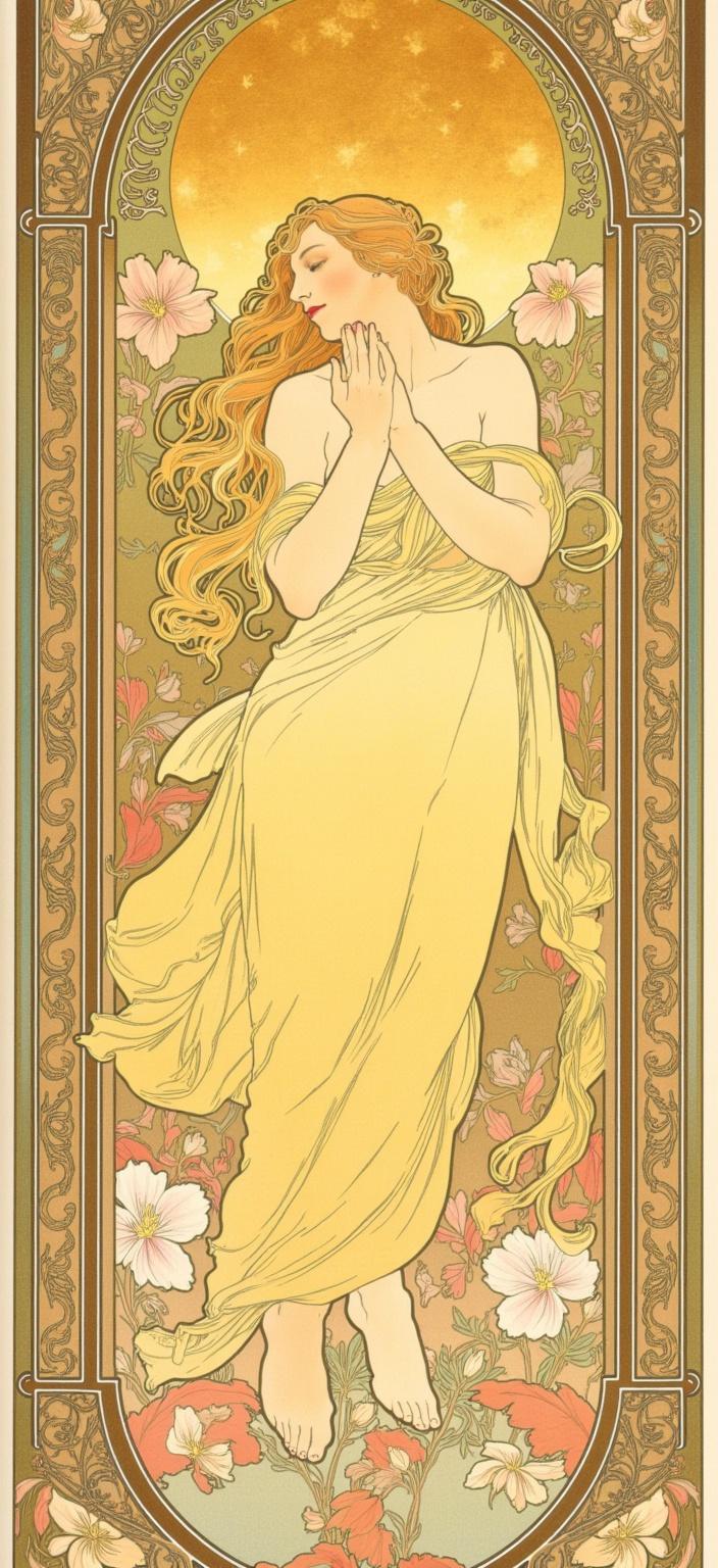 mucha, Create an exquisite digital wallpaper centered around a serene depiction of a yellow cat and a moon, styled meticulously to evoke a dreamy, romantic aesthetic. The central composition features a graceful yellow cat, its form elegantly flowing in harmony with the lush, organic lines that define its posture. The cat's fur, rendered in delicate colors, seems almost ethereal, as if cast in a gentle lunar glow. Above, a luminous moon casts its soft light, surrounded by celestial elements subtly interwoven into the scene, adding a mystical aura.

Set against a highly stylized background, the scene is alive with intricate decorative patterns, blending vibrant natural motifs such as vines and blooming flowers. These elements form an exuberant tapestry that surrounds the cat and moon, intricately patterned with sinuous vines and subtle geometric designs. The composition is a seamless merger of fine art and dreamy design, inspired by the decorative elegance characteristic of Mucha's work.

Enclosing this dreamlike tableau is an elaborate ornamental frame, reminiscent of a grand Gothic window. This border, adorned with flowing organic patterns, flowers, and celestial symbols, enhances the romantic allure of the scene. The sweeping curves and detailed embellishments of the frame serve as both a visual unifier and a poetic gateway, inviting viewers into a realm where nature and emotion intertwine. This enchanting depiction is perfectly suited for transformation into a digital wallpaper, ensuring a crisp, clean look that elevates any space with its harmonious beauty.