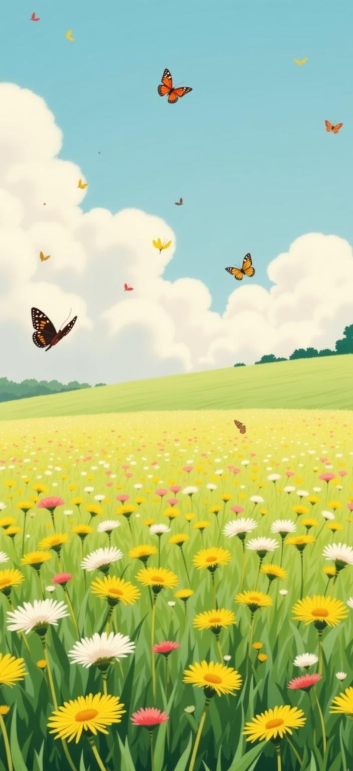 ghibli_illustration, In the center of this enchanting digital wallpaper, a soft meadow stretches out, alive with the gentle fluttering of myriad butterflies and the whimsical dance of dandelion seeds floating through the air. The scene is painted in the style of hand-drawn animation, with richly detailed backgrounds that evoke a sense of nostalgia and wonder. Each element, from the delicate wings of the butterflies to the fluffy heads of the dandelions, is rendered with a painterly texture that captures the essence of organic movement and the subtle imperfections of hand-drawn art.

The meadow is bathed in warm, natural lighting, casting a cozy and inviting glow over the landscape. The color palette is vivid yet slightly muted, featuring bright pastels that interweave to maintain a dreamy, nostalgic atmosphere. This soft color scheme ensures that no harsh contrasts detract from the serene beauty of the scene. The richly detailed background feels alive, with every blade of grass and petal meticulously rendered to create a tangible, lived-in world.

Everyday objects within the scene blend seamlessly into the landscape, their textures carefully depicted to enhance the overall sense of realism. The proportions of the butterflies and dandelions are thoughtfully balanced, making the main subjects stand out clearly against the lush backdrop, while still feeling integral to the harmonious whole. This digital wallpaper captivates the viewer, drawing them into its idyllic world with its expressive charm and whimsical, joyful aesthetic, perfect for bringing a touch of magic and tranquility to any space.