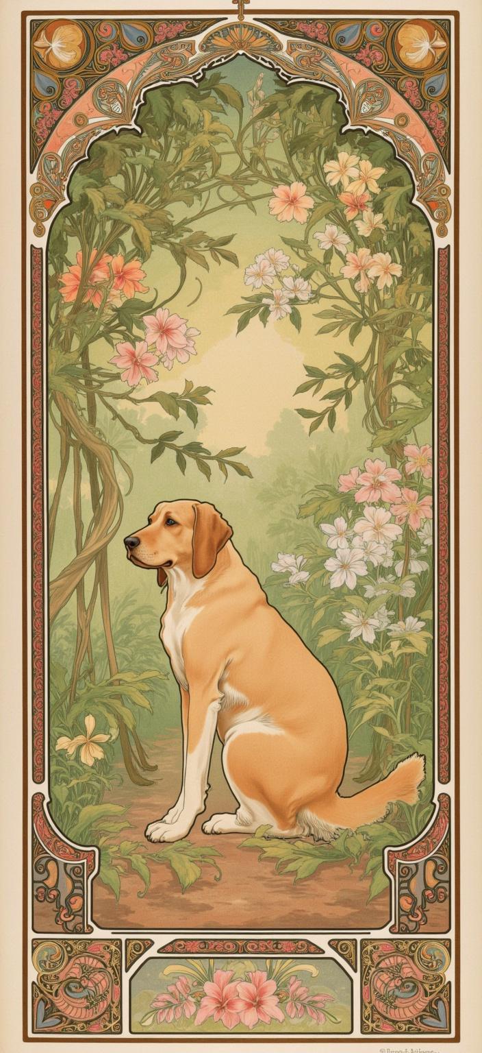 mucha, In a dreamlike garden setting, a serene dog sits at the center, enveloped by a lush tapestry of flowing, organic lines and intricate decorative patterns. The garden blooms with exuberant floral motifs, where vines twist elegantly around vibrant, blooming flowers, creating a harmonious symphony of natural beauty. The scene is painted in a style reminiscent of Mucha, where delicate colors and subtle geometric patterns intertwine, adding a refined, ornamental quality to the composition. Celestial elements peek through the garden, adding a magical touch to the ambiance. The entire painting is surrounded by an elaborate ornamental frame, echoing the grandeur of a Gothic window. This intricate border, rich with organic patterns, flowers, and celestial symbols, draws the viewer into a realm where nature and serenity coexist in poetic harmony. This enchanting image is centered perfectly, ensuring a crisp, clean look suitable for digital wallpaper, inviting viewers into a dreamlike escape that blends fine art with design.