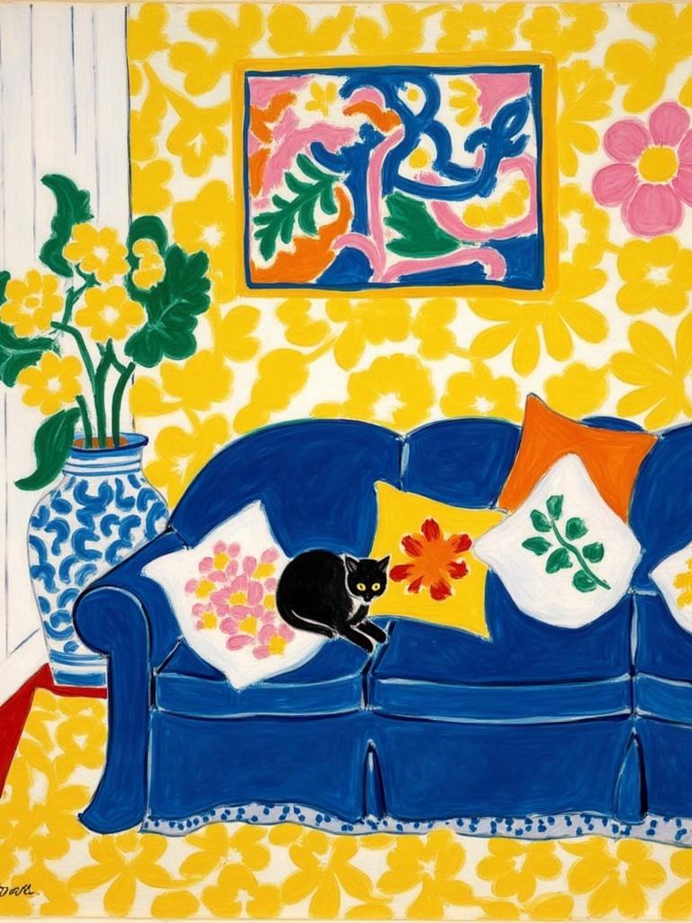 mattise_nice, In the enchanting scene of a Matisse-inspired cozy interior, the canvas bursts with vivid yellow and deep blue tones, creating a harmonious yet bold contrast. At the heart of this composition sits a plush blue sofa, invitingly adorned with a vibrant array of colorful floral and geometric throw pillows. Elegantly perched amidst these lively patterns is a black and white cat, exuding a serene yet regal presence, its gaze captivating and mysterious.

The backdrop is a celebration of bold creativity, featuring a striking yellow floral wallpaper that envelops the room in warmth and cheer. Hanging on this effervescent wall is a captivating art piece, an abstract rendition blending blue and orange shapes that mirror the expressive style of Matisse's Nice period. To the left, a large ceramic vase commands attention, its surface smooth and reflective, standing tall with a bouquet of yellow pom-pom flowers that add layers of texture and depth to the scene.

The floor is a visual delight, covered in a golden-yellow patterned carpet, each thread woven into a tapestry of colorful flowers that echo the richness above. The whole ambiance radiates warmth and expressiveness, crafted in a flat, naive, painterly style that celebrates the essence of Matisse's artistic vision.

This composition, designed as digital wallpaper, is meticulously centered to ensure a crisp, clean aesthetic, making it the perfect choice for those seeking an art piece that brings joy and artistic flair to any space.