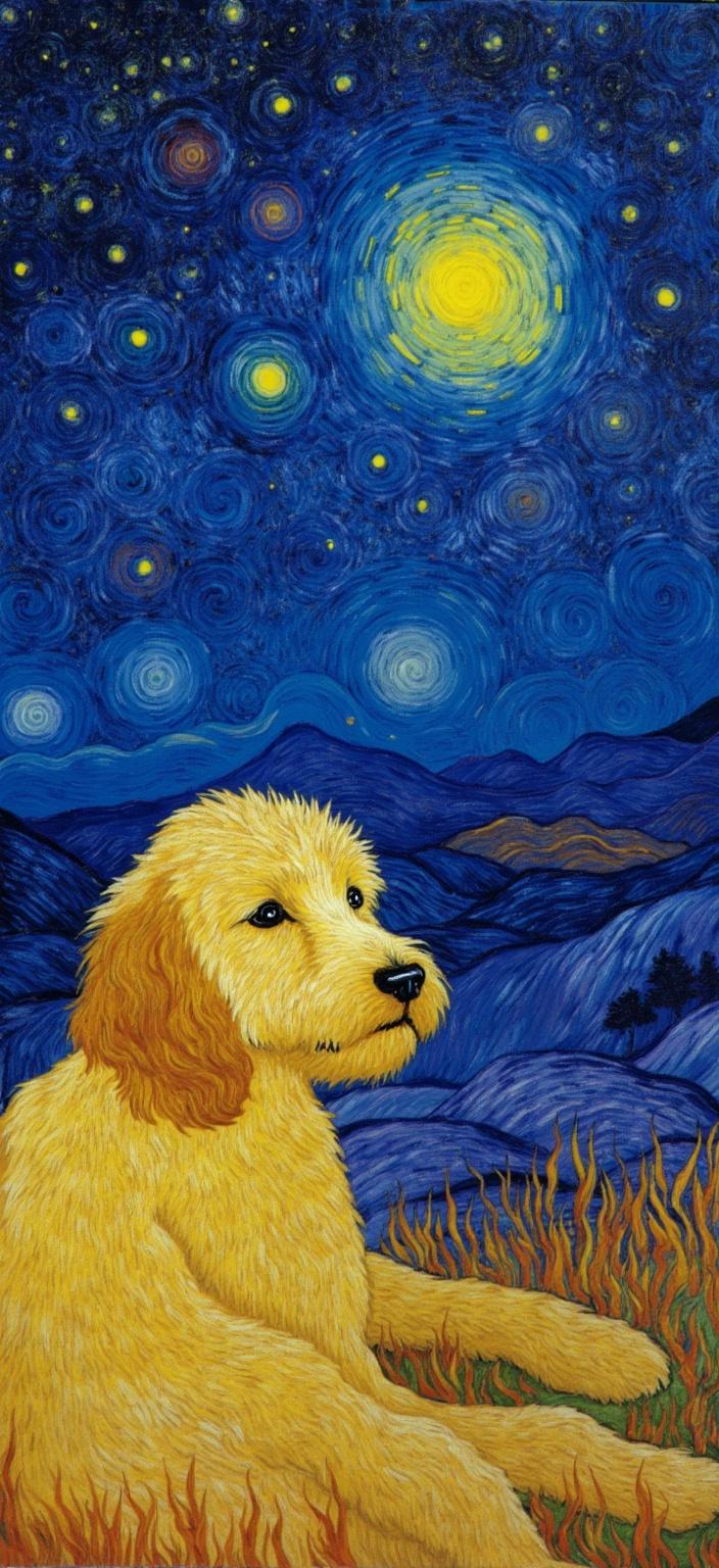van_gogh, Enriched prompt: The painting captures a serene yet captivating moment where a puppy golden doodle, with its soft, curly fur glowing under the night sky, watches in awe at the vast and starry expanse above. This scene is portrayed with intense color and dynamic brushwork, drawing inspiration from a style marked by vivid, rich colors applied in thick, impasto layers. The night sky bursts with swirling, rhythmic patterns of stars and cosmic elements, rendered in bold complementary contrasts of deep blues and bright oranges, alongside vivid yellows and purples, creating a sky alive with movement and emotional depth. Beneath this celestial display, the golden doodle is central, its curious gaze imbued with raw emotion, beautifully highlighted against the vibrant backdrop. The brushstrokes are loose and energetic, with flame-like patterns that give the entire composition a sense of pulsating life and urgency. This artwork is tailored for digital-wallpaper, ensuring a crisp, clean look suitable for printing and display, and inviting viewers into a world where the wonder of a starry night meets the innocent curiosity of man's best friend.