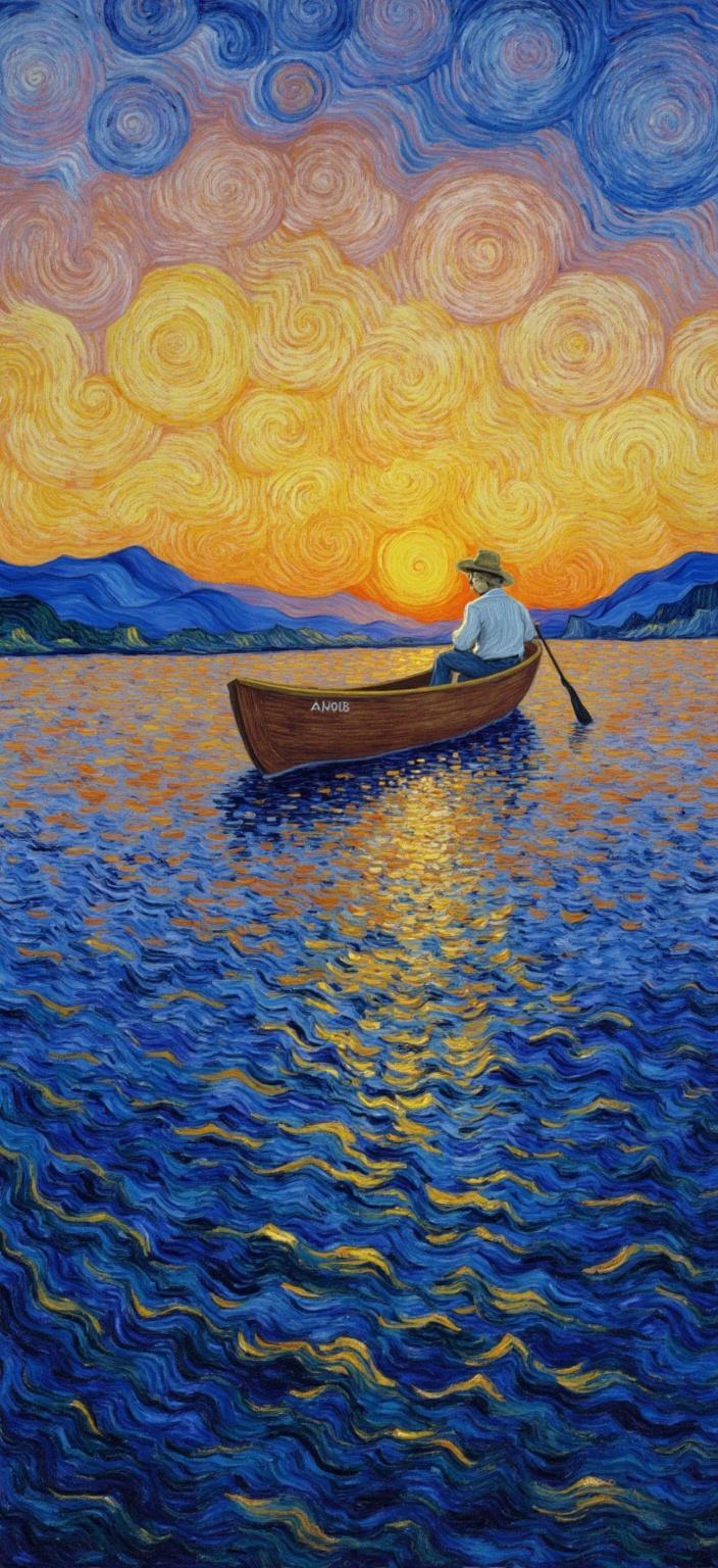 van_gogh, Enriched prompt: Create a captivating digital wallpaper featuring a small rowboat with a man in a straw hat, painted from behind as he leisurely drifts through the rhythmic, undulating waves of a tranquil sea. The waves mirror the warm, breathtaking colors of a sunset painting the sky in hues of orange, pink, and purple, creating a mesmerizing atmosphere. This scene is brought to life through a style characterized by intense color, dynamic brushwork, and bold, expressive compositions. The artist uses vivid, rich colors applied in thick, impasto layers to create a sense of movement and emotional depth. Striking complementary color contrasts, such as blue and orange, or yellow and purple, heighten the visual impact and intensity of the piece. The loose, energetic brushstrokes swirl in curly, flame-like patterns, contributing to a rhythmic, pulsating quality that animates the canvas. This unique style infuses the painting with raw emotion and a sense of urgency, making the artwork deeply personal yet universally compelling, perfect for a digital wallpaper that will captivate and inspire viewers.