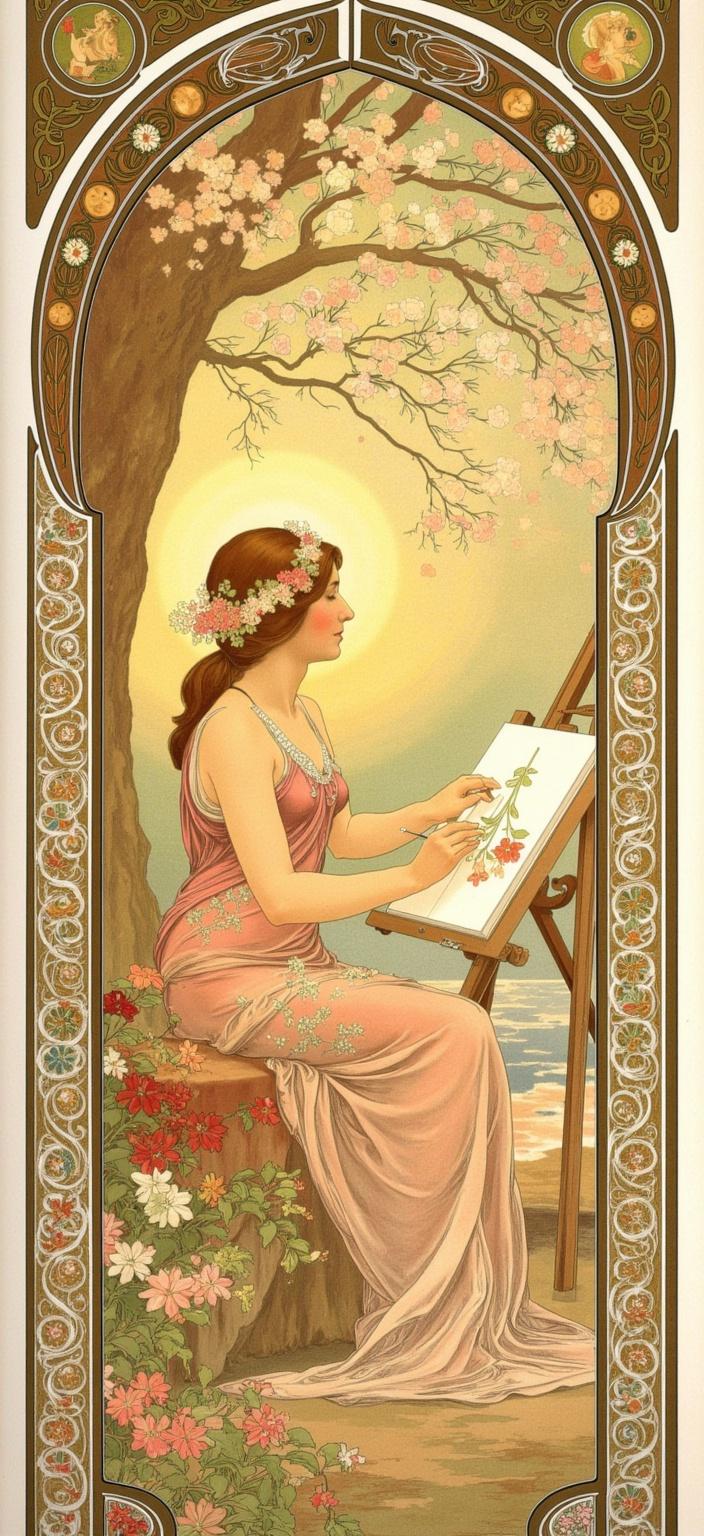 mucha, In the vibrant noon sun, a serene woman sits beneath a blossoming tree, her face illuminated by dappled sunlight filtering through the foliage. She is deeply engrossed in painting on a canvas that rests on an ornate easel. Her robes are adorned with intricate floral patterns, each petal and leaf meticulously detailed, echoing the lushness of the garden that surrounds her. The scene is captured in the ornate, delicate style of Alphonse Mucha, where flowing, organic lines and intricate decorative patterns come alive with a harmonious blend of natural motifs such as flowers, vines, and celestial elements.

The background is highly stylized, creating a dreamlike, romantic aesthetic that seamlessly merges fine art with design. The composition is enriched with Mucha's signature blend of delicate colors, pastel hues interwoven with exuberant floral motifs. Sinuous vines and blooming flowers entwine throughout, alongside subtle geometric patterns, enhancing the composition with a refined, ornamental quality.

The entire scene is enclosed within an elaborate ornamental frame, resembling a grand Gothic window with sweeping curves and detailed embellishments. This intricate border, adorned with organic patterns, flowers, and celestial symbols, serves not only as a visual unifier but also as a gateway into a dreamlike realm where nature and human emotion intertwine in poetic harmony.

This rich tableau, centered perfectly, ensures a crisp, clean look, making it an ideal digital wallpaper. It encapsulates the tranquility and beauty of a solitary, creative moment in a harmonious blend of nature and artistry, inviting viewers to step into a world where imagination blooms as freely as the flowers in this enchanting scene.