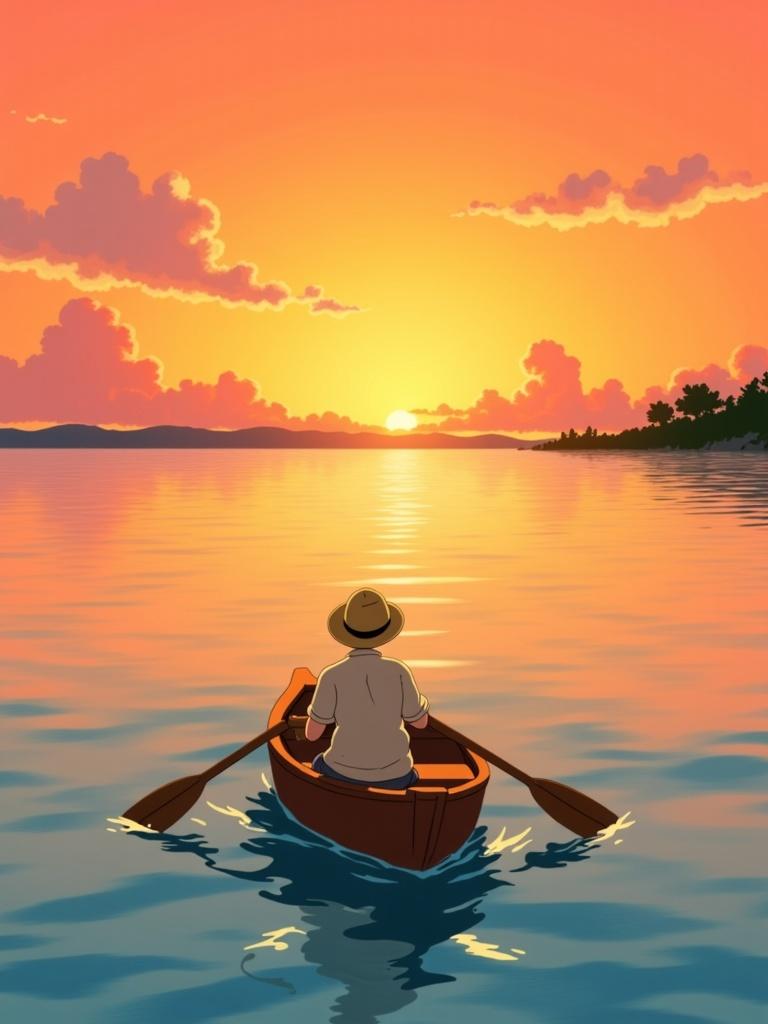 ghibli_illustration, Enriched prompt: Imagine a picturesque scene set on a serene body of water, where a solitary small rowboat gently navigates the waves as they subtly ripple beneath a mesmerizing sunset. The man, viewed from behind, sports a classic straw hat, adding a touch of timeless charm to the composition. Each element in this painting radiates the whimsical and joyful aesthetic of hand-drawn animation. The scene is brought to life with richly detailed backgrounds that evoke a sense of dreamlike nostalgia. 

The sky is a symphony of warm, natural hues, casting a golden glow over the water, which reflects the sunset's vivid yet slightly muted colors. The waves dance with organic movement, crafted with soft, painterly textures, capturing the essence of a whimsical journey. The straw hat and the man's silhouette are meticulously rendered with pencil sketch details, their subtle imperfections enhancing the authenticity and lived-in feel of this tranquil moment.

This art piece maintains a cohesive, harmonious balance, with the main subjects proportionately defined and vividly visible against the backdrop of nature's grandeur. The warm, natural lighting infuses the scene with a cozy, inviting mood, transporting the viewer to a world where everyday objects and textures are lovingly depicted. The overall composition ensures a crisp, clean look suitable for printing on digital wallpaper, making it a perfect window into a serene escape with a nostalgic, tender quality.