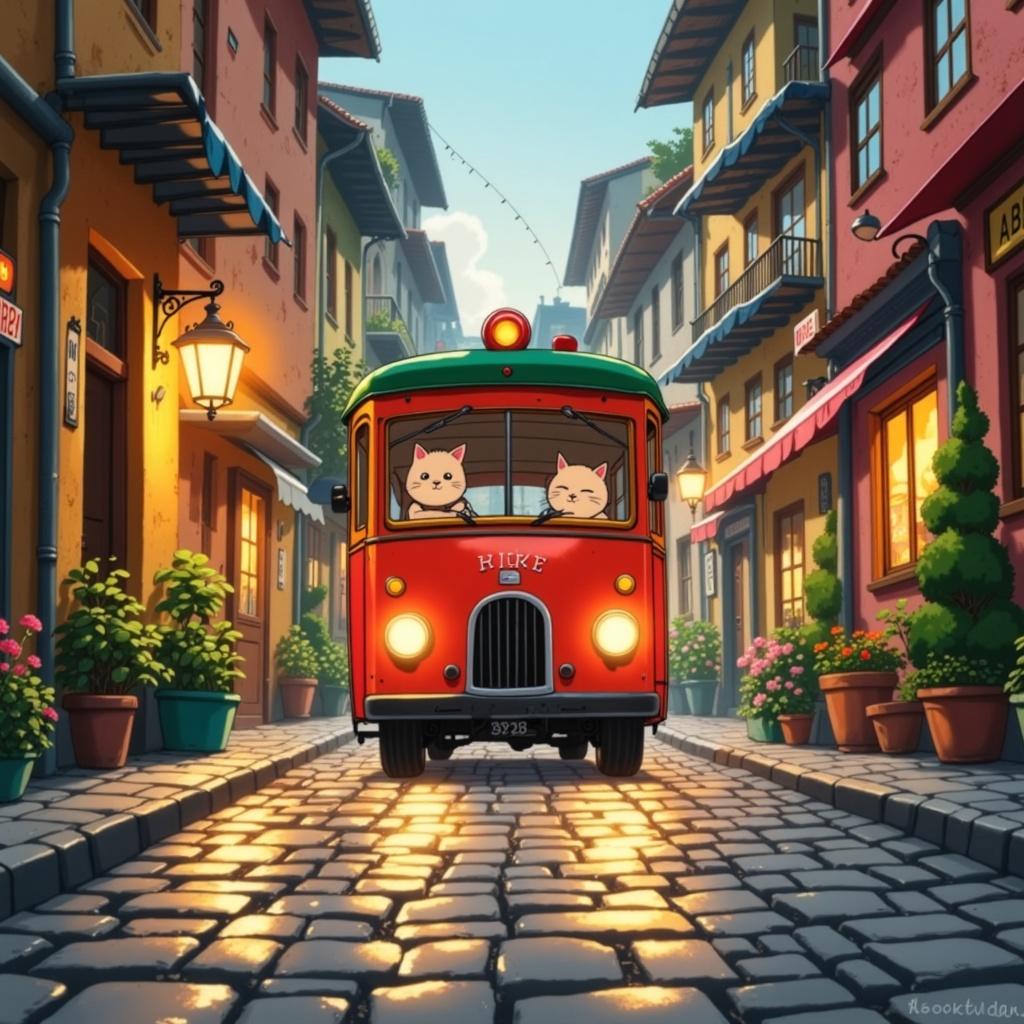ghibli_illustration, Enriched prompt: Imagine a cozy, hand-drawn animated scene depicting a fantastical cat bus, whimsically designed with expressive character elements and soft painterly textures, as it purrs gently along a rainy street. The scene is bathed in warm, natural lighting that pours over the wet cobblestones, creating a cozy and inviting atmosphere perfect for wall art. The vivid yet slightly muted color palette, rich with bright hues, avoids harsh contrasts, maintaining a dreamy, nostalgic quality reminiscent of childhood fantasies. The background is richly detailed, alive with movement, depicting the bustling yet serene essence of a rain-swept street with everyday objects and textures meticulously rendered to evoke a tangible, lived-in world. Subtle imperfections, visible pencil sketches, and organic movement bring the scene to life, as the cat bus is expertly centered to ensure an impeccable and crisp look for printing. Every element is accurately proportioned, capturing the viewer's imagination and drawing them into a world where whimsy and reality blend seamlessly.