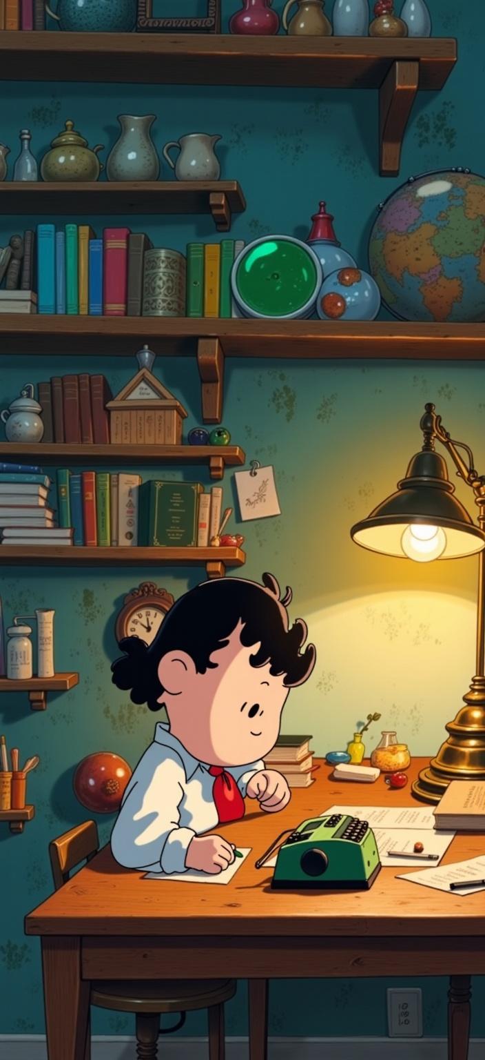 ghibli_illustration, In this enchanting painting, you'll find the beloved character Snoopy, deeply engrossed in his work at a quaint wooden desk. The scene is crafted in a hand-drawn animation style, bringing forth richly detailed backgrounds and expressive character designs. Snoopy, with his iconic black and white fur, is seated at the desk, surrounded by everyday objects like a typewriter, stacks of paper, and a classic lamp casting a warm, golden glow. His face is a picture of concentration, yet with a touch of whimsy, perfectly capturing the joyful aesthetic.

The background is a cozy study, filled with the soft, painterly textures that lend a dreamy, nostalgic quality to the scene. The walls are adorned with shelves, brimming with books and trinkets, each rendered with meticulous detail. Subtle imperfections in the pencil sketches add an organic movement to the image, creating an inviting atmosphere.

The color palette is vivid yet slightly muted, with rich blues, greens, and earth tones that avoid harsh contrasts, maintaining a gentle, nostalgic feel. The warm, natural lighting enhances the inviting mood, making the scene feel alive and tangible.

Centered on Snoopy, the composition is crisp and clean, ensuring it is perfectly suited for a digital wallpaper, creating a whimsical and joyful visual experience for your desktop.