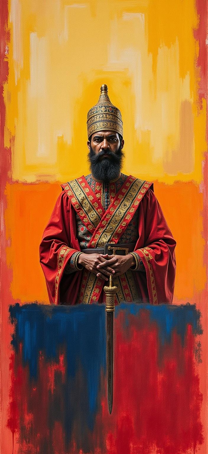 rothko, In the enriched painting, visualize a Turkish soldier from the Ottoman Empire in the midst of battle, capturing a moment of intense action as he triumphs over his adversary. The scene portrays the soldier in ornate traditional Ottoman attire, with vibrant colors and intricate patterns that reflect the grandeur of the period. His expression is focused and determined, representing a historic victory.

This vivid composition is brought to life in a style characterized by complex layering of translucent colors, allowing light to delicately filter through, bathing the scene in a remarkable luminosity. The use of soft-edged rectangles and floating zones of color creates an ethereal backdrop, adding a sense of depth and movement to the artwork. The layers of paint, with blurred boundaries between shapes, give an impression of forms melting and fusing together, embodying the chaos and fluidity of the battlefield.

From a close perspective, the richly varied surfaces reveal paint drips and strokes running in unconventional directions, accentuating the dynamic energy and unpredictability of the moment. This technique creates visual intrigue, while at a distance, the composition harmoniously coalesces, with the soft-edged forms hovering weightlessly across the canvas.

The entire image is meticulously centered to ensure a crisp, clean look, perfectly tailored for printing onto a digital wallpaper, offering a striking blend of historical narrative and contemporary artistic interpretation.