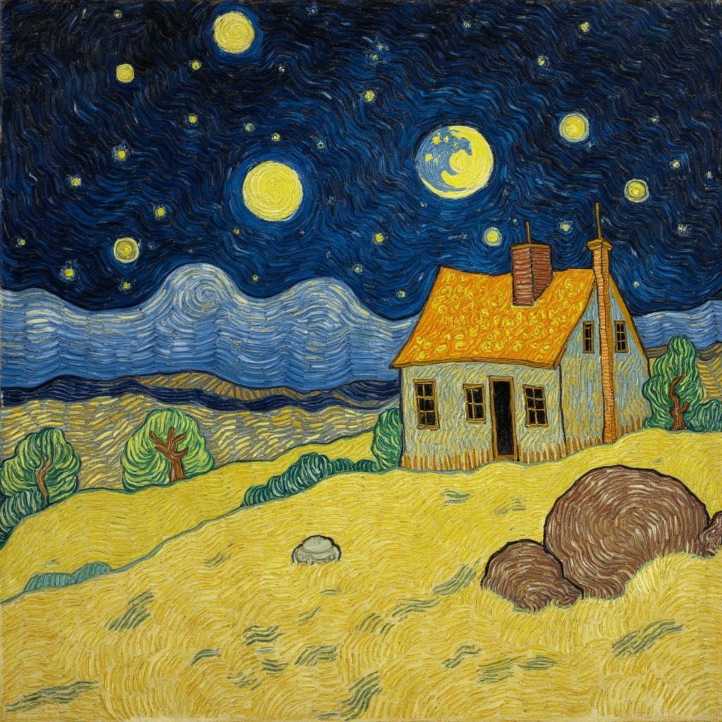 van_gogh, Enriched prompt: Imagine a painting capturing the surreal scene of a house on the moon, depicted with intense color and dynamic brushwork. The house, nestled amid the lunar landscape, is bathed in vivid, rich colors that contrast against the dark expanse of space. The moon's surface is rendered with thick, impasto layers, giving it a tactile, almost tangible feel. The structure of the house appears both solid and dreamlike, its walls and roof painted with bold, expressive compositions that suggest both stability and flux.

The colors are applied with a sense of movement and emotional depth, using bold complementary contrasts like blue against orange and yellow against purple. These contrasts heighten the visual impact and intensity, making the scene both captivating and otherworldly. The brushstrokes are loose, energetic, and swirling, creating curly, flame-like patterns that lend a rhythmic, almost pulsating quality to the composition.

This dynamic touch, along with vigorous, linear patterns, imbues the painting with a unique sense of motion and life, despite the moon's traditionally static environment. The artwork is infused with raw emotion and a sense of urgency, making it not only deeply personal but also universally compelling. Centered perfectly, this image is crisp and clean, making it an ideal digital wallpaper that transports the viewer to an imaginative lunar setting.