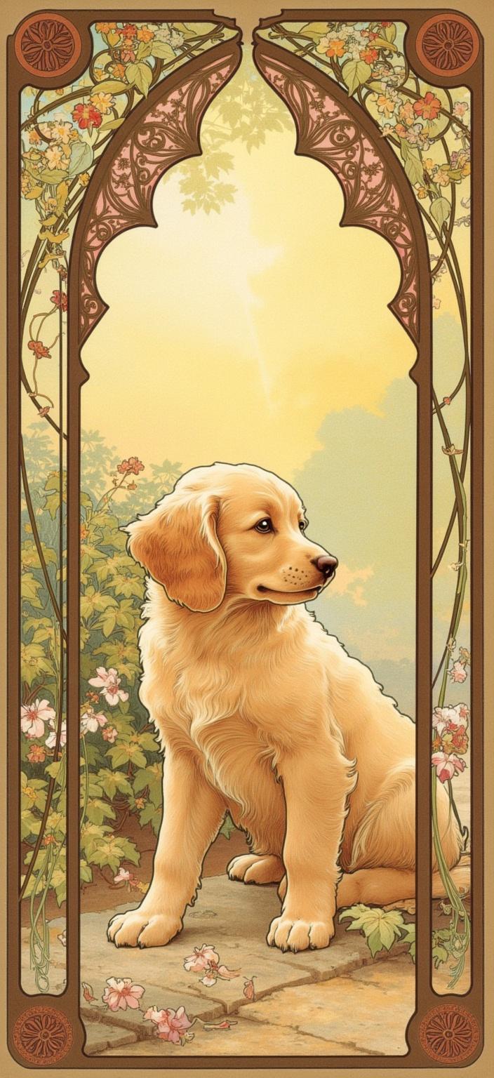 mucha, Centered under a canopy of dappled shade, a golden doodle puppy sits at the heart of a dreamlike composition, its fluffy coat glowing warmly in the gentle light. The pup, embodying an essence of innocence and curiosity, leans forward toward a nearby bush, with its tongue peeking out slightly as if tasting the fresh, invigorating spring air. Its eyes are squinting contentedly, projecting an aura of peace and connection with the surrounding nature, perfectly capturing the “I’m one with nature” spirit.

The canvas is swept with flowing, organic lines and intricate decorative patterns, akin to the art nouveau style of Mucha. The background is a harmonious blend of natural motifs featuring vines and celestial elements, creating a romantic aesthetic that seamlessly merges art and design. Delicate colors wash over the scene, setting a whimsical tone, while exuberant floral motifs—composed of sinuous vines, blooming flowers, and subtle geometric patterns—enrich the overall composition with a refined, ornamental quality.

Encircling this serene tableau is an elaborate ornamental frame, echoing the grandeur of a Gothic window. This intricate border, adorned with organic patterns, flowers, and celestial symbols, acts as both a visual unifier and an inviting gateway into a poetic realm where nature and emotion dance in harmony. The detailed embellishments enhance the dreamlike quality, making the scene an ideal digital wallpaper, both visually captivating and perfectly suited for printing with a crisp, clean finish.