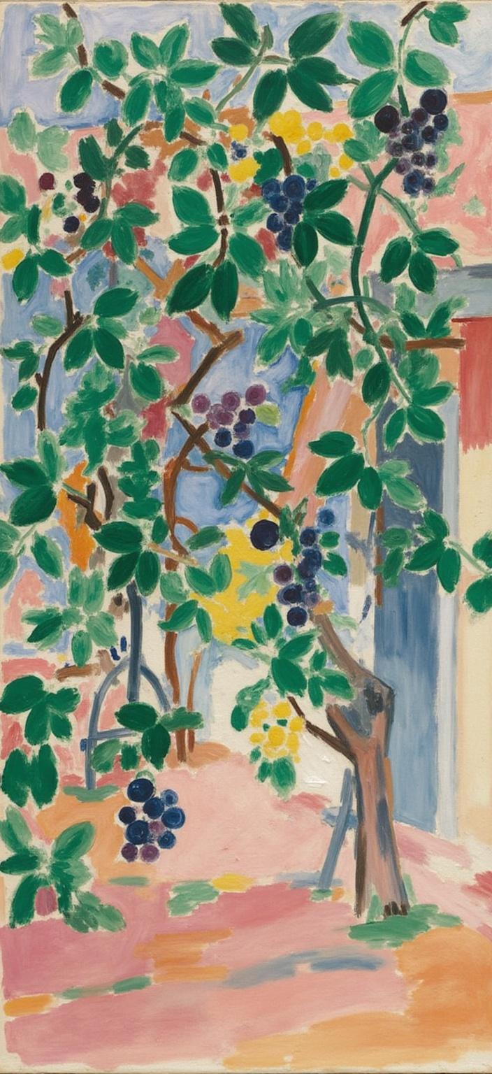 mattise_nice, The painting captures the serene essence of a vineyard, where clusters of ripe grapes and figs hang gracefully from the vine, their lushness depicted with vibrant hues and bold brushwork. Inspired by the "Matisse in Nice" style, the artwork revels in the joyful interplay of dappled light and soft shadows, creating a dynamic sense of movement and tranquility. The scene is bathed in a warm, Mediterranean light, bringing out the rich, saturated colors reminiscent of Matisse's palette, infused with an air of relaxed elegance. The composition is meticulously centered, presenting a harmonious balance that accentuates the natural beauty of the vineyard. This ensures a crisp, clean look, ideal for a digital wallpaper that transforms any space into a portal to this picturesque vineyard, evoking a sense of calm and sophistication.