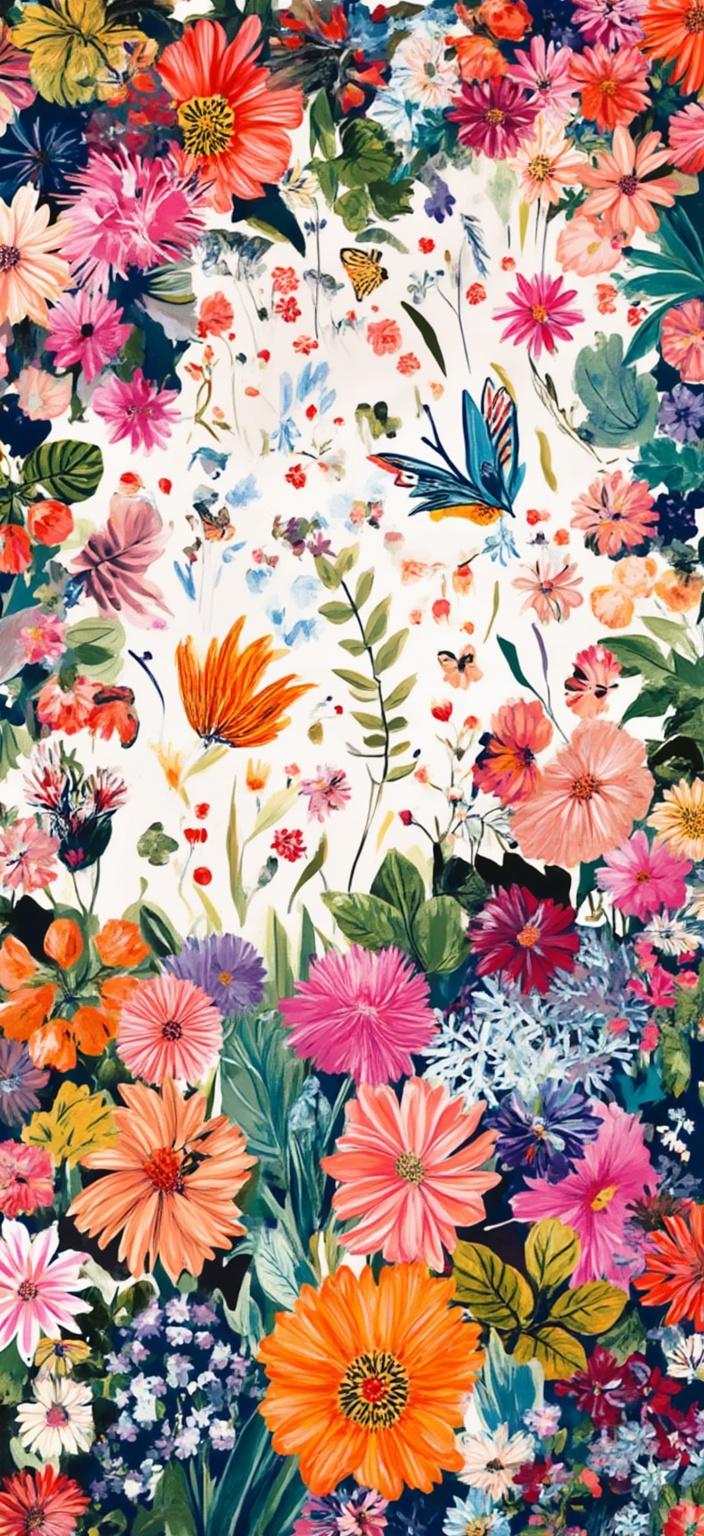 colorful_illustration, An enchanting and vibrant digital wallpaper showcases an overflowing garden teeming with tulips, hyacinths, and daffodils, painted in a captivating hand-drawn style that exudes a playful and dynamic energy. The composition is enriched with organic shapes and scattered decorative elements, where various leaves and floral motifs are arranged harmoniously across the canvas, imparting a free-flowing, natural quality to the scene. 

In the midst of this floral spectacle, butterflies, rendered in exquisite detail, dance gracefully in the sunlight, their wings a kaleidoscope of colors that echo the garden's lively palette. A curious squirrel, captured with lifelike expression, perches on a nearby fence or branch, adding a touch of whimsy and intrigue to the composition. 

Drawing inspiration from Scandinavian folk art and mid-century botanical prints, the piece employs a lavish, decorative style, where intricate compositions blend bold organic shapes with delicate details. Scattered ornamental elements like dots, swirls, and abstract motifs embellish the background, creating a luxurious layering of colors and patterns that evokes depth and movement. The organic shapes and radial floral patterns coalesce, ensuring a harmonious and inviting design, perfectly centered to offer a crisp and clean look ideal for a digital wallpaper.