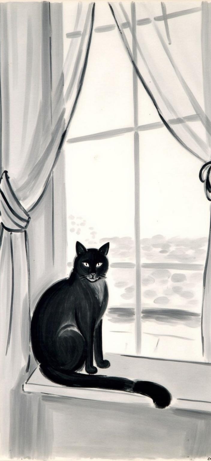 mattise_nice, In this digital wallpaper, a serene monochrome scene unfolds, capturing the essence of Matisse's "Nice" period with its elegant simplicity and expressive forms. A solitary cat, its fur a rich tapestry of charcoal and ebony hues, sits poised and contemplative beside a wide window. The window is adorned with delicate, flowing drapes that echo the soft, organic lines characteristic of Matisse's style. Beyond the window, a glimpse of a dreamy, abstracted skyline suggests a gentle, breezy day, immersing the viewer in a sense of calm and introspection. The composition is centered and balanced, offering a harmonious and crisp visual, perfect for printing as a sophisticated digital wallpaper.