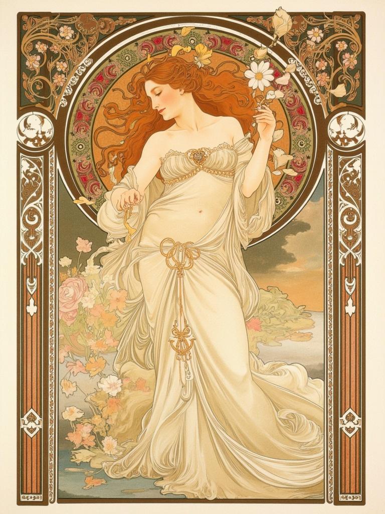 mucha, Create a captivating digital wallpaper centered around a nymph-like female figure, resplendently adorned with ornate decoration. The composition draws heavily from a style characterized by flowing, organic lines and intricate decorative patterns. The scene is a harmonious blend of natural motifs such as flowers, vines, and celestial elements, all set against a highly stylized background that exudes a dreamlike, romantic aesthetic. This artwork mirrors the elegance of Mucha’s masterpiece, featuring a delicate palette of subtle colors and exuberant floral motifs composed of sinuous vines, blooming flowers, and refined geometric patterns.

The central female figure is surrounded by an elaborate ornamental frame, reminiscent of a grand Gothic window. This intricate border is embellished with organic patterns, flowers, and celestial symbols, serving as a visual unifier and a gateway into a poetic realm where nature and human emotion beautifully intertwine. The composition captures the essence of fine art merging seamlessly with design, creating a stunning digital wallpaper ideal for any setting, offering a crisp, clean, and elegant look suitable for printing.