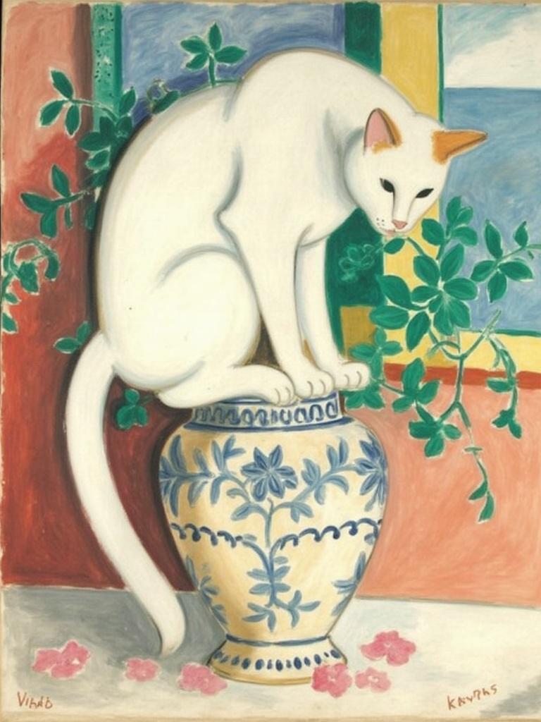 mattise_nice, The painting captures a serene and elegant scene, where the central focus is a graceful white cat perched delicately atop an ornate vase. The cat exudes an air of poise and mystery, its fur a pristine white that catches the ambient light, softening its edges against the backdrop. The vase, an exquisite piece of art in itself, features intricate patterns and a muted palette that complements the cat's pure coat, adding depth and interest to the composition. This tableau is rendered in a style inspired by Matisse during his Nice period, characterized by bold colors, simplified shapes, and an overall sense of joy and tranquility. The background is a harmonious blend of warm and cool tones, reminiscent of the sunlit interiors and coastal vistas that Matisse often captured, adding a sense of space and context to the scene. The composition is perfectly balanced, with the cat's elegant form and the vase's curvilinear design creating a focal point that draws the viewer's eye. This artwork, with its crisp and clean aesthetic, is meticulously centered, making it an ideal piece for wall art, suitable for lending sophistication and charm to any living space.