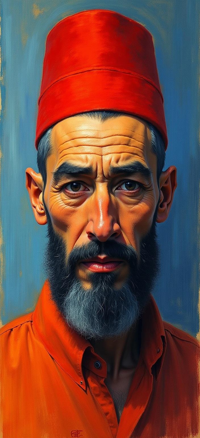 rothko, Create a digital painting of a Turkish man, capturing the essence of his cultural heritage with distinct features that reflect his Turkish identity. The composition should focus on his traditional attire, perhaps incorporating elements like a fez or intricate patterns reminiscent of Ottoman textiles. His expression should convey a sense of pride and wisdom, embodying the rich history and vibrant culture of Turkey.

The painting should be executed in a style characterized by the complex layering of translucent colors, allowing light to filter through and create an appearance of "inner light" and remarkable luminosity. Up close, the colors should seem to melt and fuse, with blurred boundaries that seamlessly blend together. From a distance, the soft-edged shapes and floating zones of color should hover weightlessly, creating a dynamic interplay of hues and tones.

Incorporate richly varied surfaces, where paint drips or strokes run in unconventional directions, adding texture and depth to the piece. This will give the portrait a lively and organic feel, with movement that guides the viewer's eye across the canvas.

The image should be centered and balanced, ensuring a crisp, clean look that is ideal for digital wallpaper, making it a striking and visually engaging piece suitable for display on screens.
