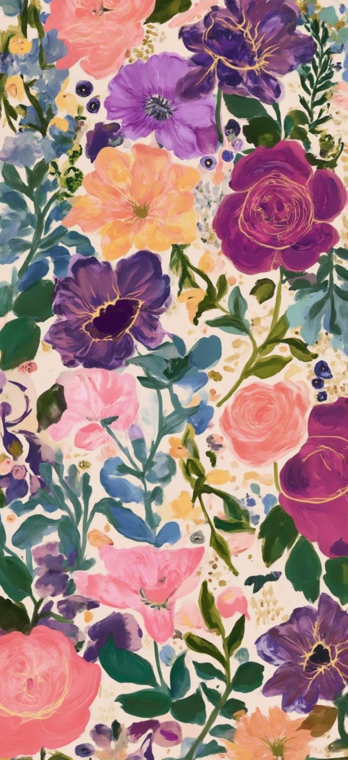 colorful_illustration, A captivating digital wallpaper inspired by the intricate fabric patterns of the 1920s, featuring an enchanting array of roses and violets rendered in soft, muted tones. The composition draws inspiration from a vibrant and colorful illustration style, exuding a playful, dynamic energy with a distinct hand-drawn feel. The background comes alive with a mesmerizing tapestry of organic shapes and scattered decorative elements, where delicately arranged leaves and floral motifs create a harmonious, free-flowing aesthetic. 

This lavish, decorative masterpiece is an intricate blend of bold organic shapes and delicate details, embellished with ornamental accents like dots, swirls, and abstract motifs. The luxurious layers of colors and patterns imbue the image with a profound sense of depth and movement. The organically shaped, radial floral patterns evoke a harmonious hand-drawn quality, reminiscent of Scandinavian folk art and mid-century botanical prints, while still retaining an air of timeless elegance. 

Centering this artwork ensures a crisp, clean look, making it an ideal and elegant choice for a classic phone background, as well as a stunning digital wallpaper.