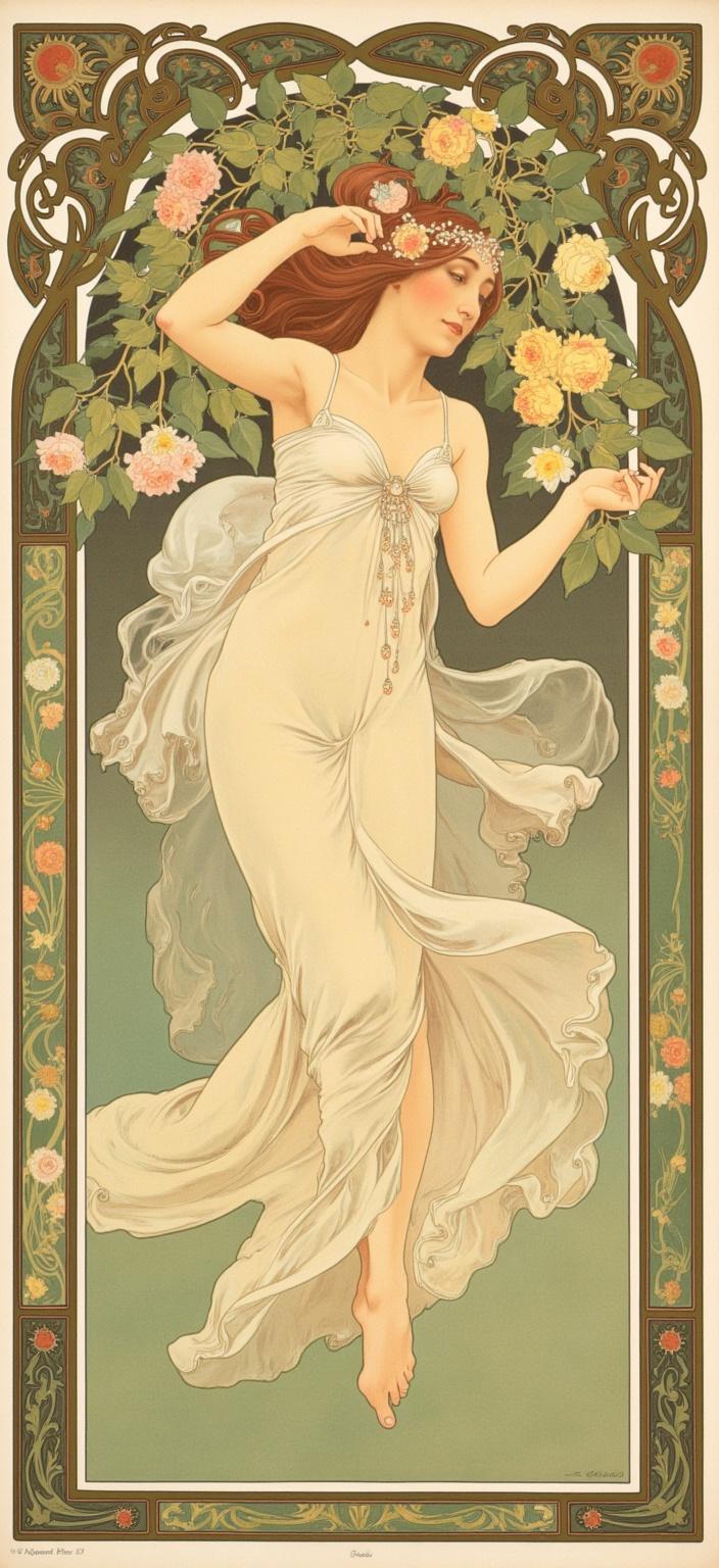 mucha, Create a captivating digital wallpaper inspired by Alphonse Mucha’s Art Nouveau style, featuring a graceful woman dancing barefoot in a vibrant spring garden at dawn. Her movements exude elegance as the first light of day gently illuminates her flowing dress, casting delicate shadows on the lush greenery. She is surrounded by a symphony of blooming flowers, their petals shimmering with morning dew, and a soft, ethereal mist that envelops the garden in a serene embrace.

The painting is characterized by flowing, organic lines and intricate decorative patterns, drawing inspiration from nature’s own harmonious designs. The composition is adorned with a profusion of natural motifs, such as entwined vines and opulent floral displays, which dance across the canvas, creating a dreamlike, romantic aesthetic.

In the background, a highly stylized setting emerges, combining soft pastel colors and exuberant floral motifs, synonymous with Mucha’s signature style. Sinuous vines and subtle geometric patterns interlace with one another, imbuing the scene with a refined, ornamental quality that seamlessly merges fine art with decorative design.

The entire scene is framed within an elaborate ornamental border, reminiscent of a grand Gothic window. Its sweeping curves and detailed embellishments are adorned with organic patterns, interwoven flowers, and celestial symbols. This intricate frame serves as a visual gateway, inviting viewers into a poetic realm where nature and human emotion intertwine with enchanting grace.

This exquisite digital wallpaper is designed to be the perfect centerpiece for any space, capturing the viewer’s imagination with its rich detail and inviting them into a world where beauty, nature, and art are in perfect harmony.