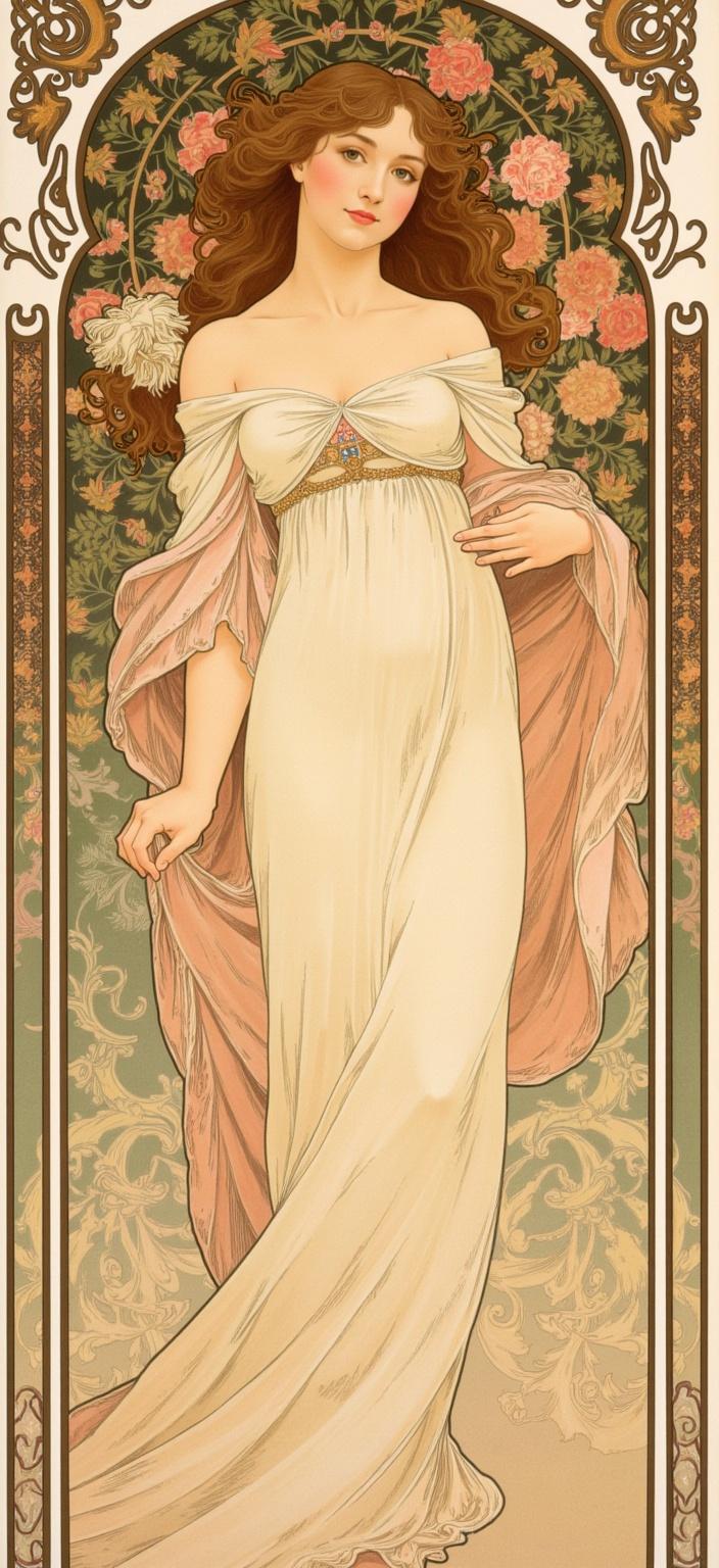 mucha, Capture the essence of timeless beauty in a portrait of a beautiful young woman, presented as a headshot facing the camera. The image exudes an ethereal allure, painted with flowing, organic lines that dance across the canvas. Her serene expression is surrounded by intricate decorative patterns, resonating with the harmonious blend of natural motifs such as delicate flowers, twisting vines, and subtle celestial elements.

Set against a highly stylized background, the artwork breathes a dreamlike, romantic aesthetic, drawing inspiration from the sensuous and elegant style of Alphonse Mucha. The composition is enriched with Mucha's signature palette of delicate colors and exuberant floral motifs, where sinuous vines and blooming flowers intertwine with gentle geometric patterns. This enhances the scene with a refined, ornamental quality, seamlessly merging fine art with design.

Enclosing this captivating image is an elaborate ornamental frame, its sweeping curves and intricate embellishments reminiscent of a grand Gothic window. The intricate border, adorned with organic patterns, blooms, and celestial symbols, serves as a visual unifier, inviting the viewer into a dreamlike realm. Here, nature and human emotion poetically intertwine, ensuring the artwork remains centered and crisp, perfectly suited for printing onto a digital wallpaper, transforming any space into a gateway of serene beauty and artistic elegance.