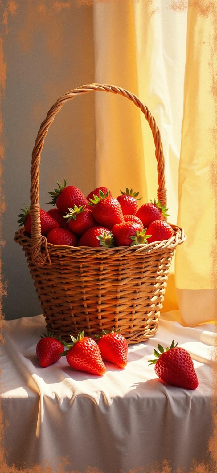 rothko, A mesmerizing painting captures the essence of a cottagecore vibe where a handwoven basket brimming with ripe, luscious strawberries rests gently on a soft linen cloth. The warm, inviting light gently caresses the scene, illuminating the vibrant reds of the strawberries and the intricate texture of the basket. This idyllic still life is artfully rendered in a style characterized by complex layering of translucent colors, allowing light to filter through and bestow the image with a sense of "inner light" and extraordinary luminosity. Up close, the colors seem to melt and merge into one another, with blurred boundaries between the shapes, while from a distance, the elements appear to effortlessly hover, creating floating zones of color that evoke a sense of tranquility and abundance. The richly varied surfaces and unconventional paint drips or strokes add an element of fluidity and organic movement to the composition. Centered perfectly, this image ensures a crisp, clean look, making it ideal for digital wallpaper, where it will bring warmth and elegance to any space.