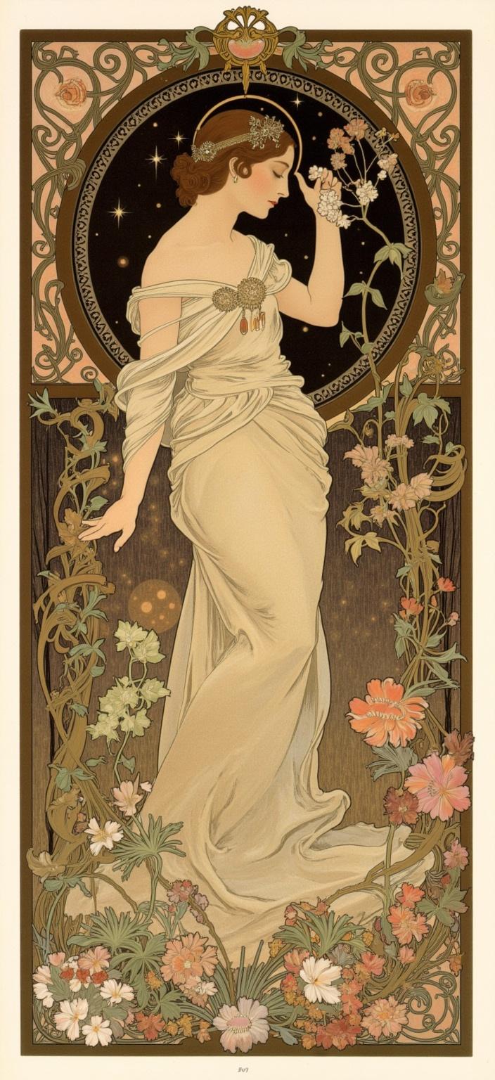 mucha, Enriched prompt:  
  
The image is a minimalist dark-themed yet uplifting digital wallpaper, designed to captivate the viewer's gaze, perfect for your desktop. This artwork combines simplicity with depth, creating a stunning visual experience that is both pretty and aesthetically pleasing.  
  
At the center of the composition, the core theme unfolds with flowing, organic lines and intricate decorative patterns that draw inspiration from Alphonse Mucha's iconic style. The scene is infused with a harmonious blend of natural motifs, presenting a delicate balance between flowers, vines, and celestial elements, set against a highly stylized, dreamlike background.  
  
The delicate colors and exuberant floral motifs are composed of sinuous, intertwining vines and blooming flowers, punctuated by subtle geometric patterns. This enriches the overall composition with a refined, ornamental quality, exuding an air of romantic elegance.  
  
The entire artwork is enclosed within an elaborate, ornamental frame, reminiscent of a grand Gothic window. Sweeping curves and detailed embellishments form this intricate border, adorned with organic patterns, flowers, and celestial symbols. This frame not only serves as a visual unifier but also acts as a gateway into a dreamlike realm where nature and human emotion intertwine in poetic harmony.  
  
The image is centered to ensure a crisp, clean look, perfectly suitable for printing as a digital wallpaper for your desktop. This creates a seamless blend of art and design, making it an ideal choice for those who appreciate beauty with a meaningful undertone.