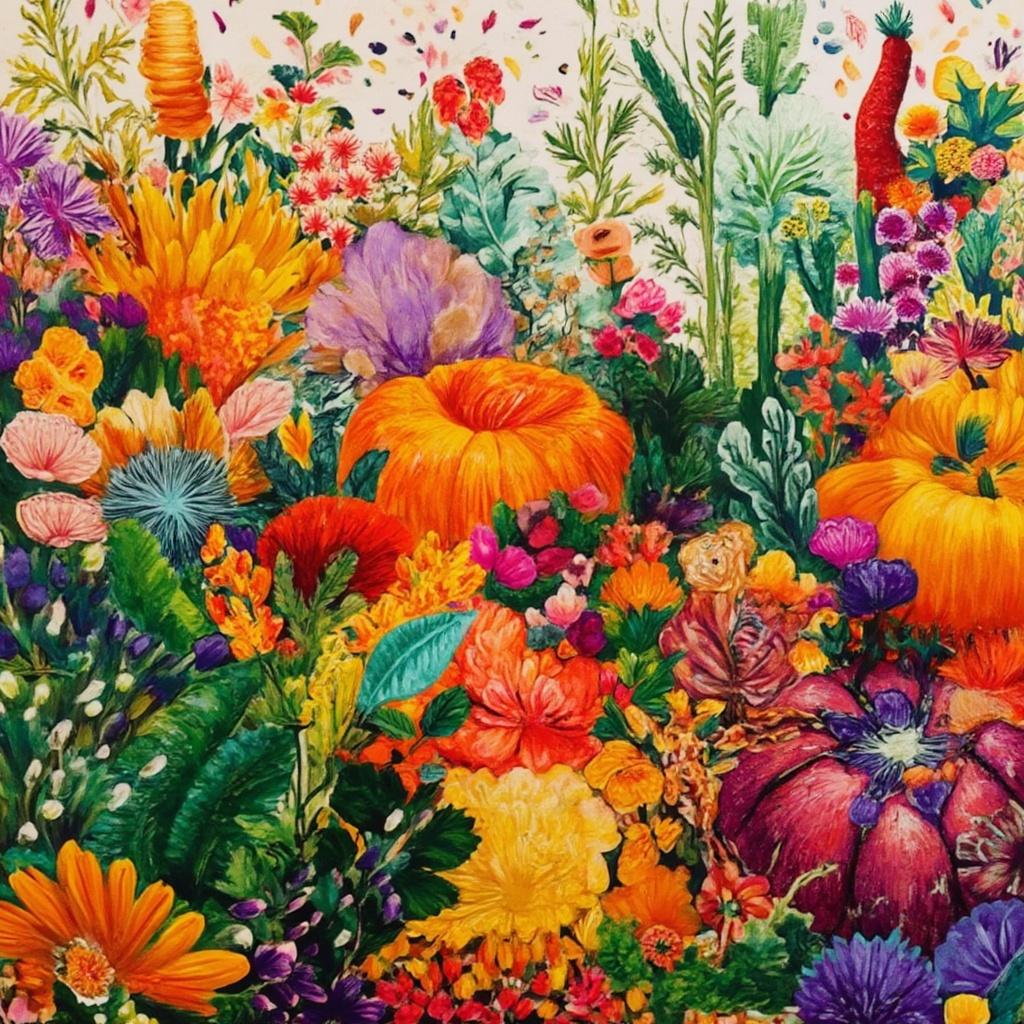 colorful_illustration, In this captivating painting, a bountiful array of garden vegetables takes center stage, featuring a vibrant assortment of colorful produce such as plump tomatoes, crisp cucumbers, golden carrots, and lush leafy greens. Each vegetable is painted with meticulous attention to detail, showcasing their natural textures and hues, adding a luscious, inviting aura to the composition.

The backdrop is an enchanting tapestry of organic shapes and decorative elements flowing with an effortless grace across the canvas. This dynamic landscape is adorned with scattered embellishments like intricate dots, whimsical swirls, and playful abstract motifs, each contributing to a sense of whimsy and movement. These elements are harmoniously intertwined with radiant leaves and floral accents, offering a natural, free-flowing quality that captivates the eye.

Painted in a style that draws inspiration from Scandinavian folk art and mid-century botanical prints, the piece exudes a hand-drawn, artisanal feel. The lavish, decorative style merges bold organic shapes with delicate details, creating an intricate composition full of depth and liveliness. Luxurious layers of color and pattern amplify this sense of dimensionality, inviting the viewer to explore each facet of the scene.

This artwork is meticulously centered, ensuring a crisp, clean look that is perfect for transforming any wall into a vibrant display. It's not just a painting; it's a celebration of nature's bounty, rich with color and detail, making it an exquisite piece of wall art that will enliven any space with its playful and dynamic energy.