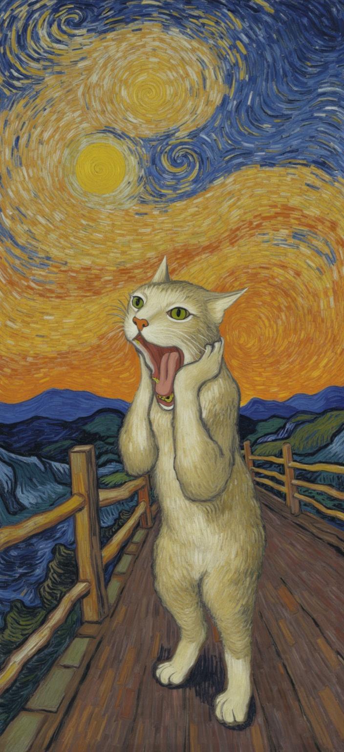 van_gogh, A captivatingly humorous digital painting unfolds, capturing a wide-eyed, surprised cat positioned at the center of a bridge. The feline, reminiscent of Edvard Munch's iconic 'The Scream,' stands with its mouth agape in a dramatic, exaggerated scream, its paws clutched to both ears. This front-facing portrayal of the cat merges surrealism with comedy, offering a fresh interpretation that pays homage to Munch's style.

Executed with intense color, dynamic brushwork, and bold, expressive compositions, the painting features vivid, rich colors applied in thick, impasto layers. These layers create a palpable sense of movement and emotional depth that elevates the scene’s drama. In the background, a swirling sunset sky unfurls, resplendent in vibrant oranges, deep purples, and cool blues. Expressive brush strokes, reminiscent of curling, flame-like patterns, infuse the sky with a rhythmic, pulsating quality, enhancing the energy and vibrancy of the composition.

Bold complementary color contrasts, such as blue against orange and yellow against purple, amplify the visual impact and intensity of the piece. The loose, energetic brushstrokes inject a sense of urgency and raw emotion, weaving a tapestry of drama, surrealism, and humor that is both deeply personal and universally captivating.

The meticulous centering of the artwork ensures a crisp, clean look, perfectly suited for digital wallpaper. This visual masterpiece invites viewers to immerse themselves in its vibrant, whimsical world, making it an ideal choice for those seeking a touch of dynamic artistry in their digital spaces.