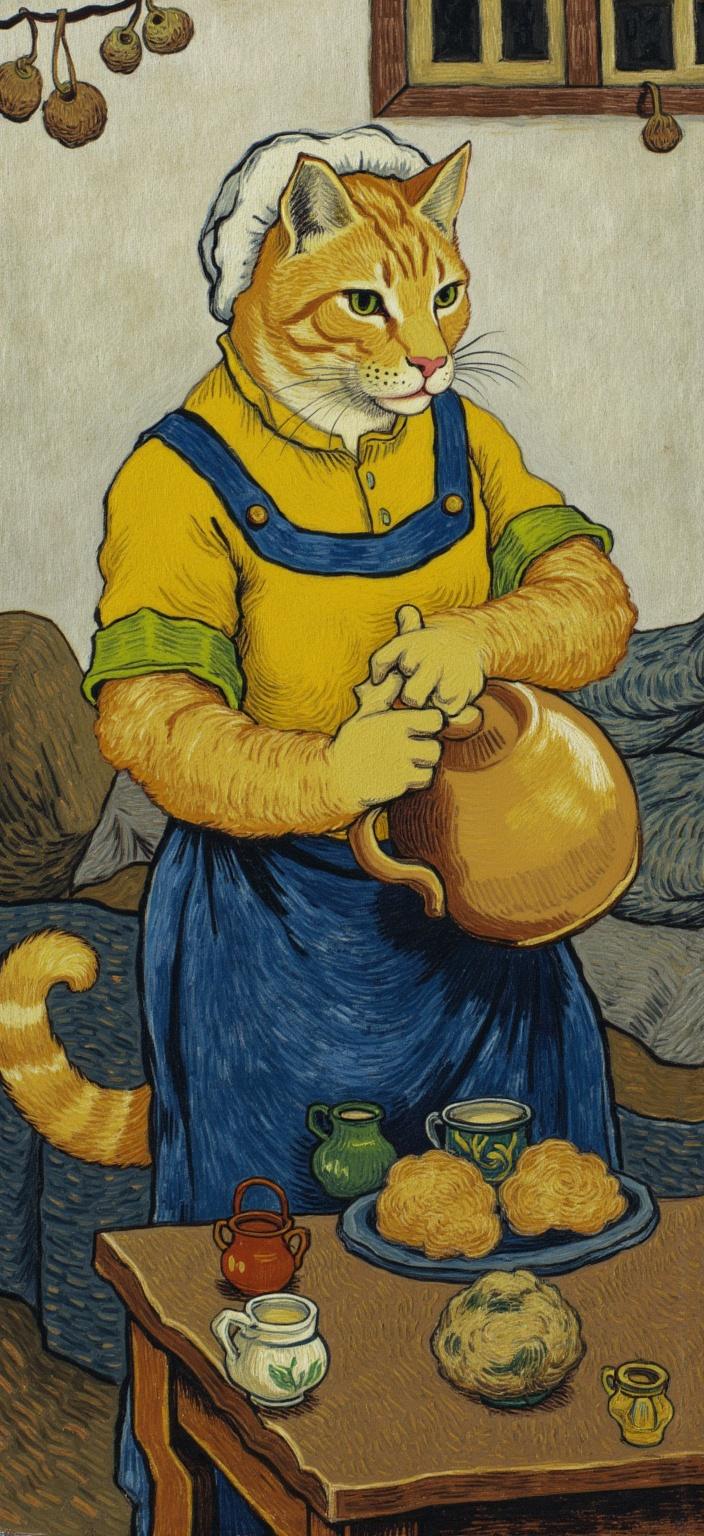 van_gogh, Enriched prompt: The painting features an orange tabby cat meticulously portrayed as Vermeer’s ‘The Milkmaid’. The cat, upright and poised, dons a mustard yellow bodice and a contrasting green undershirt, all seamlessly blending into the deep blue apron tied neatly around its waist. The attire is completed with a pristine white bonnet that elegantly frames the cat's focused face, where its serious and intent expression is captured with remarkable detail. Its bushy tail curves gracefully behind, enhancing the feline's dignified stance.

In its paws, the cat holds a brown jug, seemingly heavy, and pours a delicate stream of milk into a bowl placed on a rustic table. This table, draped in a richly hued blue cloth, is laden with an assortment of bread, carefully crafted pottery, and various kitchen items, each rendered with textural precision typical of the Dutch Golden Age. The background showcases a white, textured wall and a window from which streams of light enter, casting a natural glow across the tableau. Hanging baskets add an authentic touch, subtly enriching the domestic scene.

Inspired by an intense color palette and dynamic brushwork, the composition bursts with vibrant, impasto layers that imbue the painting with life and emotion. Vivid, rich colors capture the eye, while bold complementary contrasts—such as the harmonious blend of the cat's orange fur against the blue apron—heighten the visual impact, echoing the dramatic lighting style of the period.

The loose, swirling brushstrokes envelop the scene in a rhythmic dance, as if the painting pulses with vitality and movement. Curly, flame-like patterns weave through the backdrop, imbuing it with a sense of urgency and raw emotion, which makes the artwork both deeply personal and universally compelling. This captivating image offers a unique, visually striking design suitable for a digital wallpaper, ensuring a crisp, clean aesthetic ideal for display.
