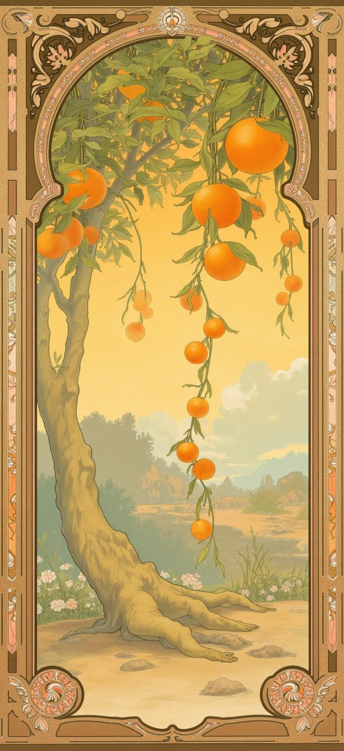 mucha, In the dreamlike realm of this digital wallpaper, an enchanting scene unfolds, perfectly encapsulating a Mediterranean aesthetic. At the center, oranges hang delicately from a thriving tree adorned with lush, verdant leaves. The golden sunlight filters softly through the foliage, casting dappled patterns of light and shadow upon the landscape, creating a warm, inviting glow. This visual feast is enriched with flowing, organic lines and intricate decorative patterns, inspired by the style of Alphonse Mucha.

The painting bursts with a harmonious blend of natural motifs, such as flourishing vines and vibrant celestial elements, all set against a highly stylized background. The delicate color palette integrates subtle hues and exuberant floral motifs, ensuring a seamless merging of fine art and design. Sinuous vines entwine with blooming flowers, weaving through subtle geometric patterns to bestow an ornamental quality upon the composition.

Encasing this serene moment is an elaborate ornamental frame, its sweeping curves and detailed embellishments reminiscent of a grand Gothic window. The intricate border, adorned with organic patterns, flowers, and celestial symbols, serves as both a visual unifier and a gateway into this poetic, romantic aesthetic. The scene, centered to perfection, ensures a crisp, clean look, ideal for printing as a digital wallpaper, inviting viewers into a realm where nature and human emotion dance together in harmonious splendor.