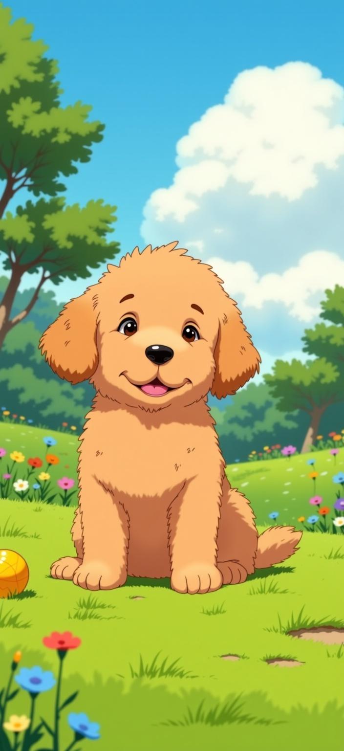 ghibli_illustration, Enriched prompt: Picture a delightful scene where a puppy Golden Doodle takes center stage, sitting contentedly on a lush, green lawn. The composition is crafted in the hand-drawn animation style, featuring richly detailed backgrounds that bring the scene to life. The puppy, with its soft, curly fur, is depicted with expressive features and endearing character designs, exuding a whimsical and joyful aesthetic.

The color palette is bright yet slightly muted, creating a cozy and inviting mood with warm, natural lighting that bathes the entire scene. The soft, painterly textures and pencil sketch effects lend a hand-drawn feel, with subtle imperfections that add to the organic movement within the painting. Everyday objects scattered around—perhaps a ball or a chew toy—are meticulously rendered to emphasize a dreamlike nostalgia.

The background is alive with details: perhaps a gently rolling landscape dotted with vibrant flowers, swaying gently in the breeze, to maintain a soothing, lived-in quality. Despite the carefully curated background, the main subject, our charming Golden Doodle, is accurately proportioned and clearly visible, ensuring it remains the focal point of the artwork.

This composition, perfectly centered, is designed to provide a crisp, clean look, making it an ideal choice for digital wallpaper. Its dreamy yet tangible qualities invite viewers to lose themselves in a nostalgic moment frozen in time, where everything feels tangible and vibrant.