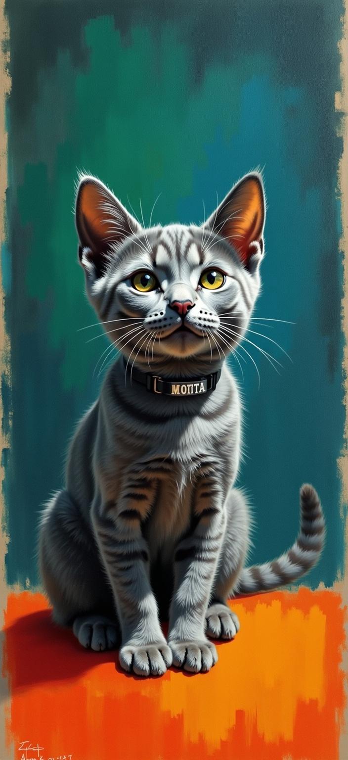 rothko, Enriched prompt: Imagine a beautifully serene painting capturing the essence of a small, handsome gray kitten named Motita, adorned with a delicate collar inscribed with its name. The feline is elegantly poised at the center of the composition, its fur a silky tapestry of varied shades of gray that capture both light and shadow with nuanced detail. The background serves as a harmonious symphony of color, featuring a deep navy blue interwoven with vibrant tones of green and orange. These hues engage in a subtle dance, creating an ethereal aura reminiscent of a heavenly twilight.

The painting draws inspiration from the style of complex layering of translucent colors, where light filters through in such a way that the entire scene seems to glow with an "inner light" of remarkable luminosity. From close range, the colors melt and fuse with blurred boundaries, forming soft-edged rectangles that appear to float weightlessly. Richly varied surfaces come alive with paint drips and strokes that run in unconventional directions, enhancing the dreamlike quality of the painting.

This captivating artwork is meticulously designed to be the focal point of a digital wallpaper, ensuring a crisp and clean look suitable for printing. The overall effect is one of serene elegance, inviting viewers to lose themselves in the serene beauty and subtle complexity of Motita's world.