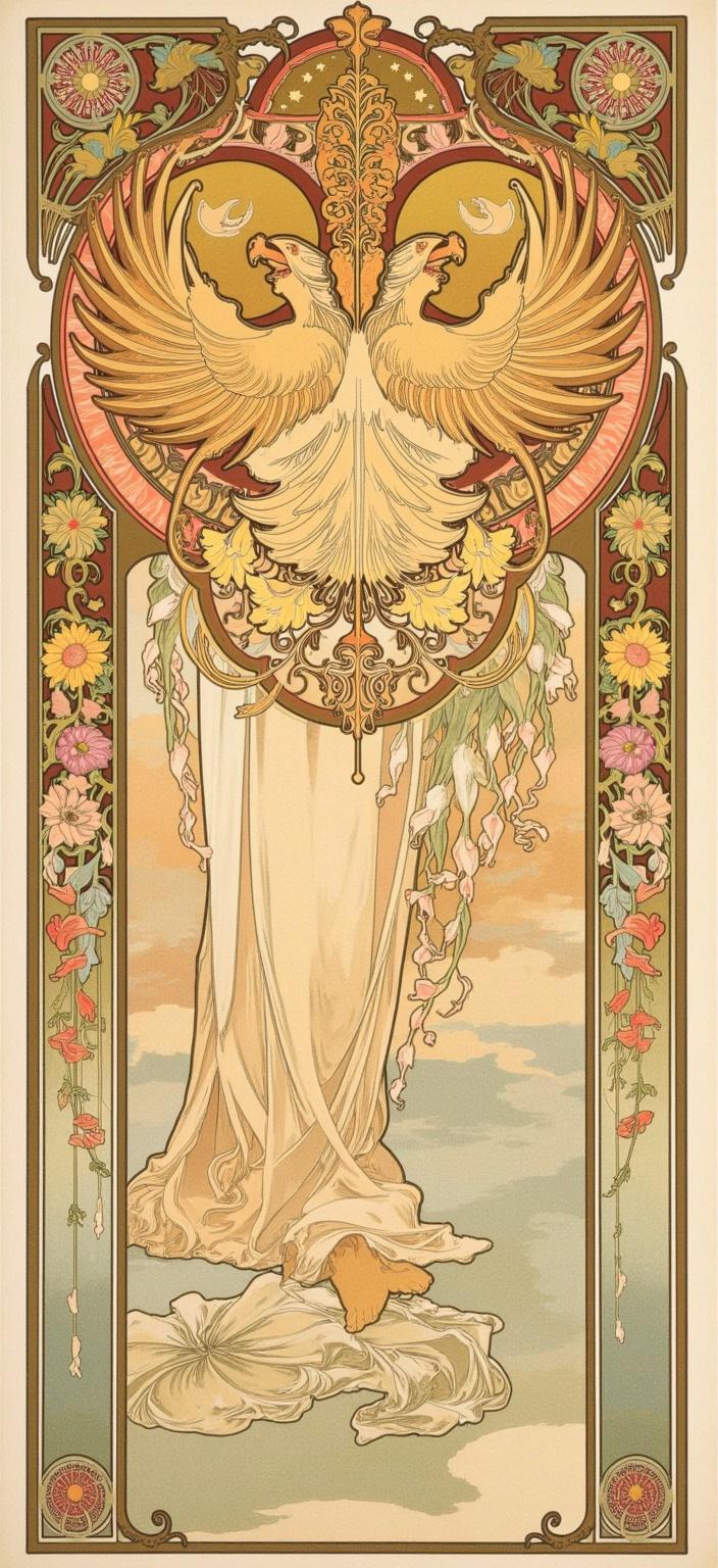 mucha, Enriched prompt: Imagine a painting of the imperial Russian coat of arms, reimagined in a style that evokes the flowing, organic lines and intricate decorative patterns reminiscent of Alphonse Mucha’s Art Nouveau masterpieces. The core of the image features the majestic double-headed eagle, its outstretched wings adorned with shimmering feathers that seamlessly blend into a tapestry of sinuous vines and blooming flowers. Each feather is meticulously detailed, echoing the delicate colors and exuberant floral motifs that characterize Mucha's work.

The eagle's imposing crowns, scepters, and orbs are intertwined with subtle geometric patterns and celestial elements—stars and crescent moons—that lend an ethereal quality to the composition. The coat of arms itself is set against a highly stylized background, a dreamlike, romantic landscape that merges fine art with design. This backdrop is composed of soft, flowing hues that harmoniously blend together, enhancing the sense of a celestial realm.

Encircling the entire scene is an elaborate ornamental frame, crafted to resemble a grand Gothic window. This intricate border is adorned with sweeping curves, detailed embellishments, and a rich array of organic patterns, including additional flowers and celestial symbols. This frame acts as both a visual unifier and a gateway into this dreamlike realm, where nature and imperial grandeur intertwine in poetic harmony. The composition is centered, ensuring a crisp and clean look perfect for digital wallpaper, offering a breathtaking view that captures the essence of romance and majesty.