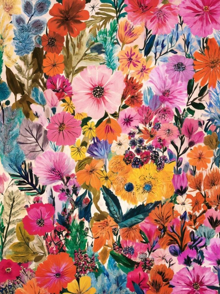 colorful_illustration, In the center of the painting, a joyful dog is depicted with a wide, endearing smile, capturing a sense of playfulness and exuberance. The dog's fur is rendered in vibrant colors, each shade flowing seamlessly into the next, emphasizing the animal's lively nature. Its expressive eyes and perked ears add to its charismatic demeanor, inviting viewers into its world. Surrounding the dog, the canvas is alive with a rich tapestry of bold organic shapes and intricate patterns.

The background is a celebration of nature's bounty, adorned with an array of various leaves and floral elements that dance across the canvas. These elements are harmoniously arranged, creating a natural, free-flowing quality to the design. Scattered throughout are decorative elements such as swirling lines, abstract motifs, and delicate dots, each contributing to the dynamic composition.

The painting, inspired by Scandinavian folk art and mid-century botanical prints, features lavish layers of colors and patterns, creating a sense of depth and movement. The radial floral patterns and luxurious textures invite the observer to explore every corner of the artwork.

This centered, vibrant, and colorful illustration has a hand-drawn feel, perfect for wall-art. It is designed to offer a crisp, clean look, making it an ideal centerpiece that brings joy and an artistic flair to any room.