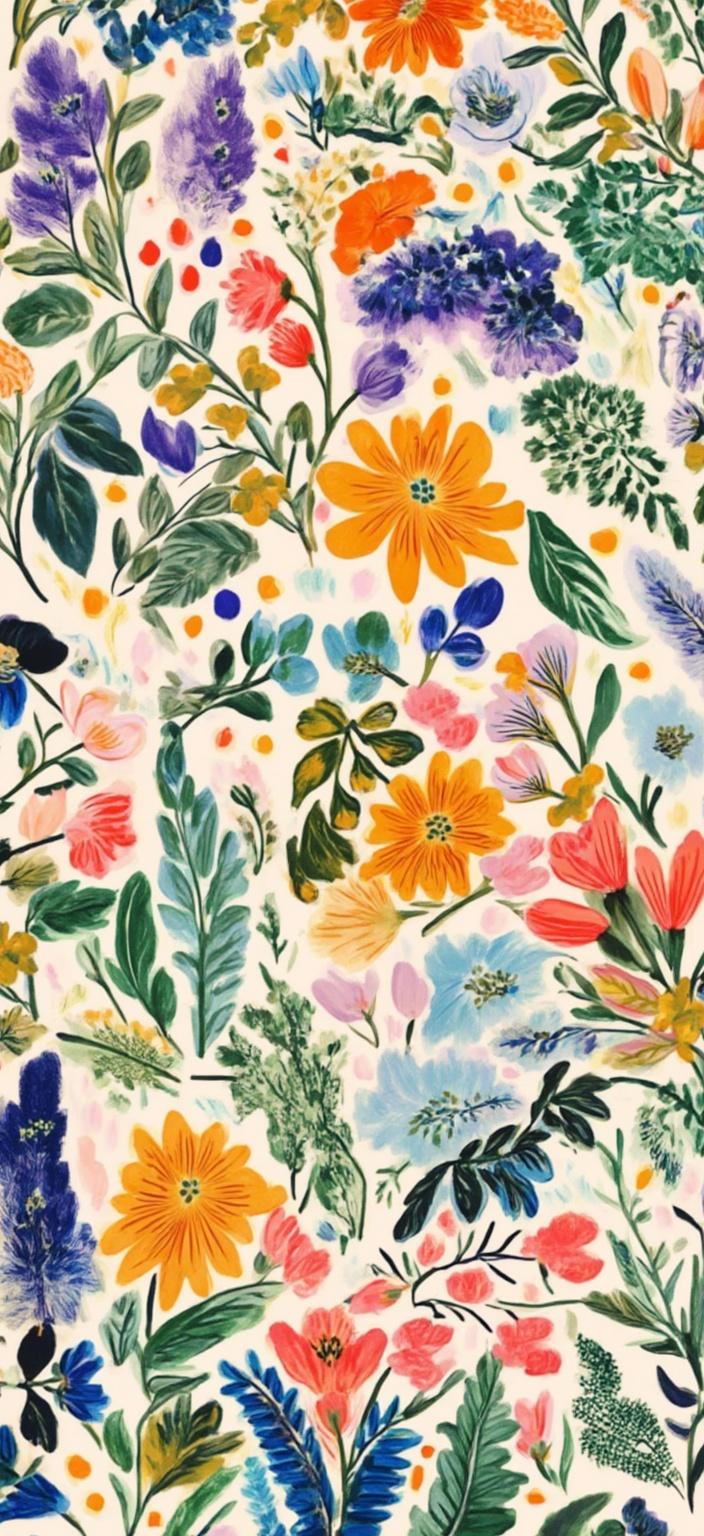 colorful_illustration, Enriched prompt: The image is a captivating and vibrant vintage botanical drawing of herbs, intricately detailed and hand-drawn with a playful, dynamic touch. Each herb is meticulously illustrated, showcasing the delicate textures and unique shapes of their leaves and stems, creating a sense of organic beauty and authenticity. The background is decorated with a harmonious array of organic shapes, including gentle swirls and abstract motifs, reminiscent of Scandinavian folk art and mid-century botanical prints. Scattered decorative elements, such as dots and radiant floral patterns, add a lavish, decorative flair to the composition. The layering of bold, vibrant colors and intricate patterns creates a luxurious sense of depth and movement across the canvas, making the herbs appear lively and abundant. The overall design is centered, ensuring a crisp, clean look that is both dynamically engaging and soothing, making it perfect for printing onto a digital wallpaper, adding a touch of natural elegance to any space.