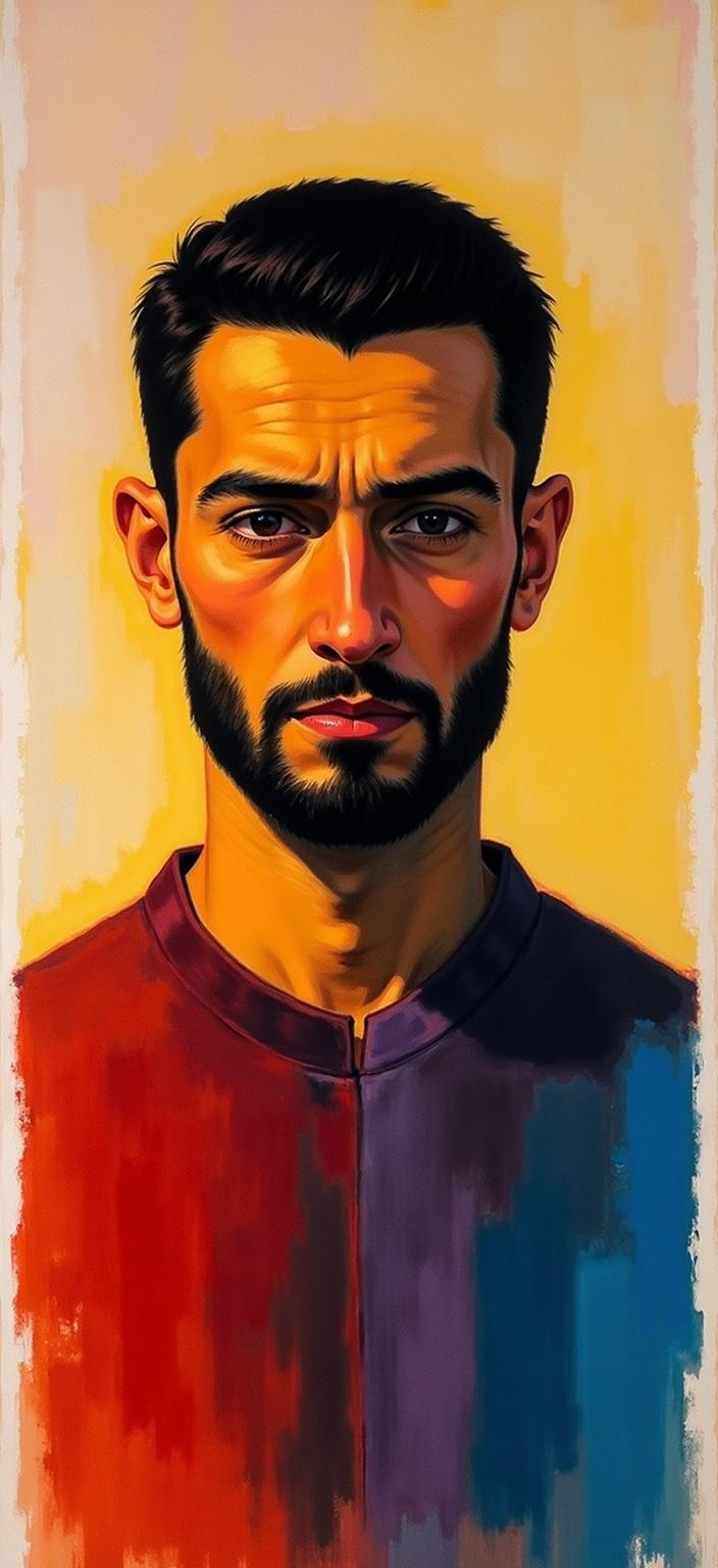 rothko, Create a digital wallpaper that features a modern Turk man, depicted with a remarkable sense of luminosity and inner light. The painting should be composed of intricate layers of translucent color, allowing light to filter through the composition. The subject, a contemporary Turk man, is at the heart of the piece. His expression and attire reflect modern influences, perhaps incorporating a combination of traditional and contemporary elements that speak to his cultural heritage and present-day identity.

The style is reminiscent of a technique where colors melt and fuse together with blurred boundaries, creating a dreamlike atmosphere. From a distance, observe soft-edged rectangles that appear to hover weightlessly across the canvas, creating a sense of depth and motion. Richly varied surfaces and unexpected paint drips or strokes add an unconventional yet captivating texture to the piece. 

The entire composition is centered meticulously to achieve a crisp and clean appearance, ensuring it is perfectly suited for digital wallpaper, immersing anyone who views it in its ethereal and radiant quality.