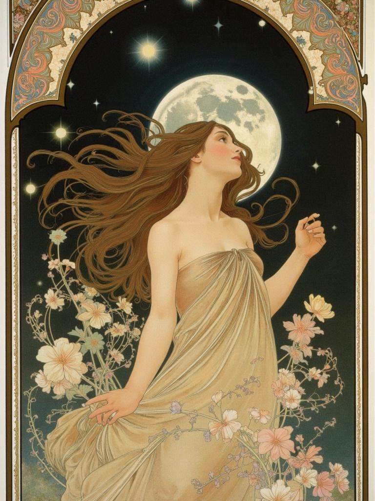 mucha, A captivating painting featuring a young woman gazing upwards towards the night sky, her expression serene and contemplative. Her long, flowing hair gently dances in the breeze, cascading in graceful waves that echo the natural motifs surrounding her. The dark, velvety night is punctuated by the luminous glow of a full moon, its silver light casting a gentle halo around her form and illuminating the scene with an ethereal quality.

The artwork is steeped in the flowing, organic lines characteristic of the chosen style, where intricate decorative patterns weave through the composition like a tapestry of dreams. Delicate flowers and sinuous vines entwine around her, their forms detailed with exquisite precision. Celestial elements such as stars and wisps of clouds add depth and mystique, seamlessly blending with the harmonious design of the background.

The color palette is a delicate symphony of soft pastels and deeper hues, each shade carefully chosen to evoke a sense of romantic elegance. These colors, enhanced by Mucha’s signature blend of exuberant floral motifs, infuse the painting with a refined, ornamental quality.

Framing the entire composition is an elaborate border, reminiscent of a grand Gothic window. Its sweeping curves and detailed embellishments are adorned with organic patterns, flowers, and celestial symbols, creating a visual unifier that invites the viewer into this dreamlike realm. This elaborate frame serves as a portal, inviting one to explore a world where nature and human emotion intertwine in poetic harmony.

Centered for a crisp, clean look, this digital wallpaper will transform any screen into a stunning piece of art, capturing the beauty of a moment suspended in time.