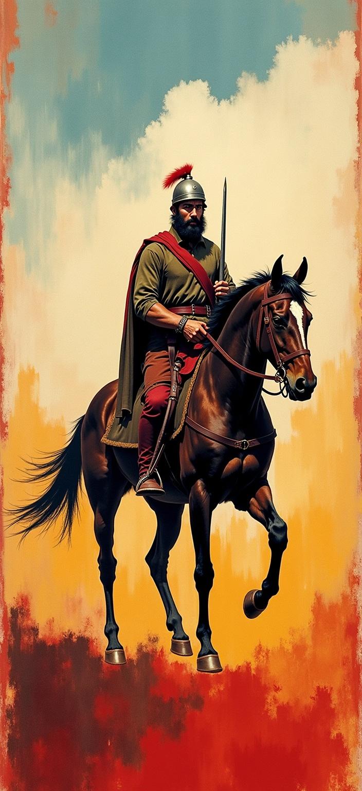 rothko, Envision a striking digital wallpaper featuring a Turkic soldier from the year 1071, gallantly riding a robust, spirited horse through the vast, rugged landscapes of Anatolia. The soldier exudes valor, gripping a blood-stained sword that reflects the intensity and drama of the scene. Painted in a style characterized by the complex layering of translucent colors, the image captures a sense of "inner light" and remarkable luminosity.

The composition is crafted with soft-edged rectangles and floating zones of color that hover weightlessly across the canvas. Up close, the colors merge and blend seamlessly, creating blurred boundaries between forms, while from a distance, the design exudes harmony and balance. The richly varied surfaces are brought to life with paint drips and strokes that break convention, moving in unpredictable directions to enhance the story's dynamic flow.

Centered and meticulously detailed, this piece is crafted to ensure clarity and visual impact, making it ideal for use as a digital wallpaper, imbuing any space with an aura of historical mystique and artistic sophistication.