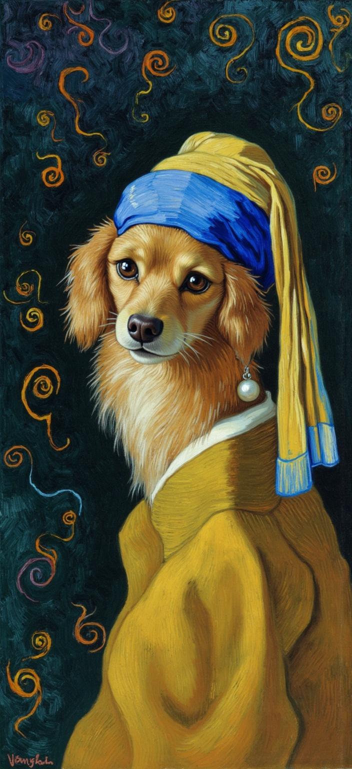 van_gogh, Title: "The Canine with a Pearl Earring"

Enriched Prompt:

In this vibrant and captivating painting, a small, fluffy dog takes center stage, embodying the elegance and mystery of Vermeer’s iconic 'Girl with a Pearl Earring.' The painting is a masterful blend of Dutch Baroque realism with modern expressive techniques. The dog, with its long, silky fur and soulful, expressive eyes, is depicted in a classic three-quarter pose. Its gaze is calm yet enigmatic, drawing viewers into the serene yet richly textured world of the painting.

The dog is adorned in a luscious golden-brown cloak that drapes elegantly over its fur, casting soft, natural shadows that enhance the texture and depth of the piece. A large, luxurious blue and yellow headscarf wraps around its head in graceful folds, contrasting beautifully with the rich tones of the dog’s fur and the cloak. The highlight of the ensemble is the shiny pearl earring, which reflects delicate specks of light, adding a touch of refinement and allure.

Behind this regal canine figure lies a dark, moody background that serves to accentuate the subject's luminosity and presence. This backdrop is reminiscent of the classic Dutch Baroque style but is invigorated with an intense color palette, dynamic brushwork, and bold, expressive compositions. The background is imbued with swirling, curly patterns in contrasting shades of blue, orange, yellow, and purple, creating a rhythmic movement that echoes the emotional depth and urgency of an expressive style.

The brushstrokes are applied in thick, impasto layers, their energetic and often swirling nature lending a pulsating quality to the painting, as if the scene is alive with motion and emotion. This dynamic touch, combined with vigorous, linear patterns, adds a sense of life and intensity, making the artwork both deeply personal and universally compelling.

The entire composition is centered, ensuring a crisp, clean presentation suitable for printing as a stunning digital wallpaper. This piece is a harmonious fusion of elegance, emotion, and charm, perfect for art enthusiasts who appreciate both classical reverence and modern expressiveness.