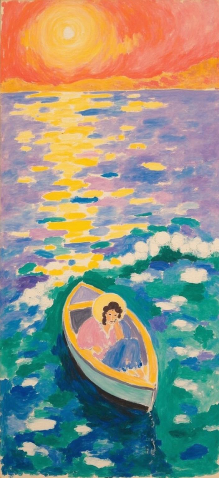 mattise_nice, A captivating painting unfolds, showcasing the serene journey of a solitary man nestled in a small rowboat, his form delicately framed from behind. The man sits calmly, his straw hat perched jauntily upon his head, as he drifts through the harmonious embrace of rhythmic, undulating waves. These waves, tender in motion, mirror the warm hues of a breathtaking sunset, casting a golden-orange glow that dances upon the water's surface. Inspired by the "Matisse in Nice" style, the composition is infused with vibrant colors and bold, expressive brushstrokes that capture the essence of tranquility and beauty.

The scene is framed centrally, ensuring a crisp and clean appearance that makes it ideal for digital wallpaper. The warm, inviting palette of the sunset mingles with hints of deep azure and emerald from the sea, creating a tapestry of colors that evoke a sense of peace and reflection. The gentle sway of the boat harmonizes with the natural rhythm of the waves, while the ethereal sky transitions from fiery orange to soothing lavender, inviting the viewer to lose themselves in this picturesque moment of solitude and splendor.