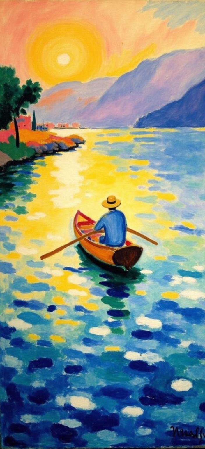 mattise_nice, In this captivating digital wallpaper, the focus is a small rowboat carrying a solitary figure—a man in a straw hat—depicted from behind as he peacefully navigates the tranquil waters. The scene is imbued with the signature style of Henri Matisse during his time in Nice, characterized by vibrant colors and fluid forms. The rhythmic, undulating waves lap gently against the boat, reflecting the warm, golden hues of a breathtaking sunset that stretches across the horizon, casting a mesmerizing glow over everything. The play of light and shadow adds depth and movement to the composition, ensuring a crisp, clean look that is perfect for printing. The harmonious blend of colors and the serene ambiance create a sense of calm and wonder, inviting the viewer to lose themselves in this serene moment on the water.