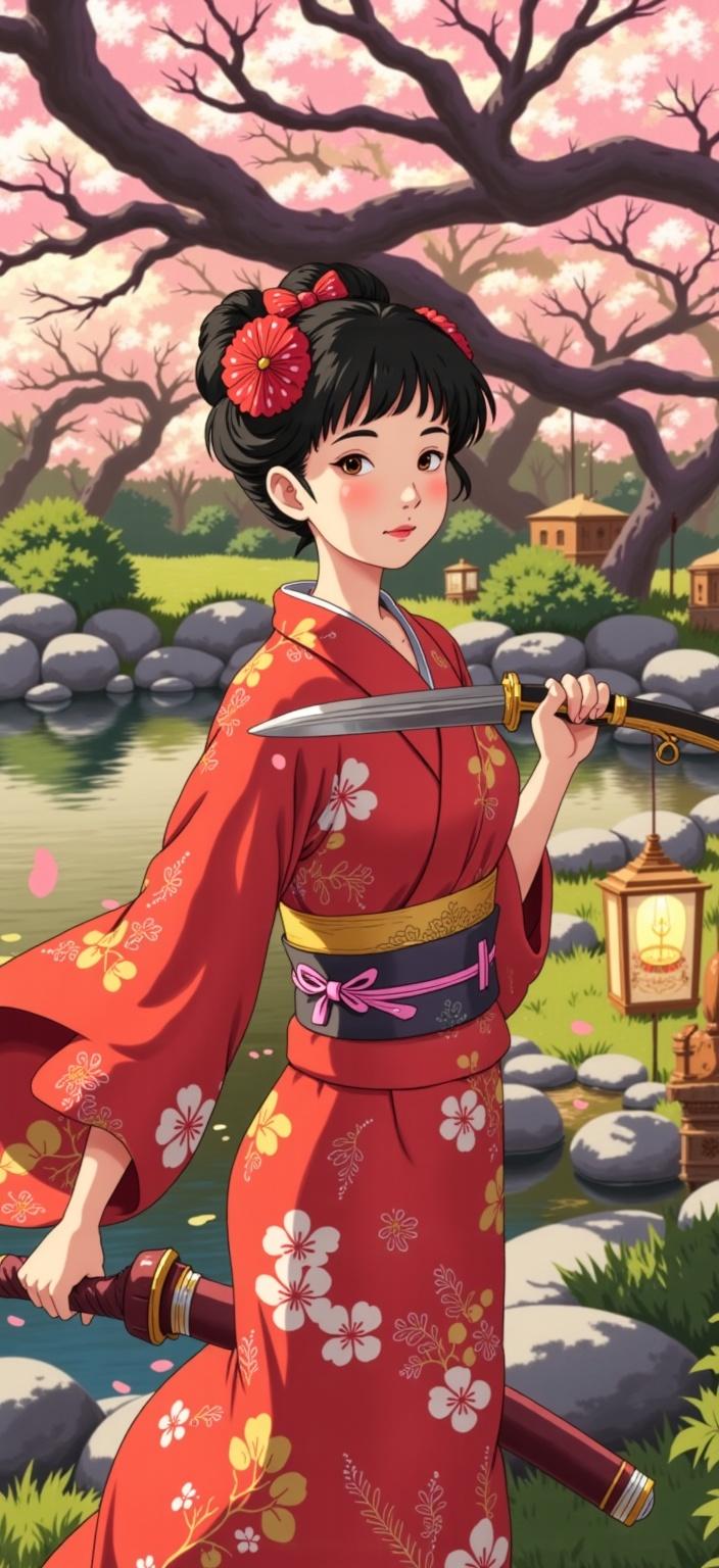 ghibli_illustration, The painting captures a beautifully detailed scene centered on a captivating woman with striking black short hair, styled in a traditional Japanese manner. She is elegantly adorned in an exquisite traditional Japanese dress, which flows gracefully around her. The fabric is intricately decorated with subtle patterns, vibrant colors melding into a harmonious palette, echoing the aesthetic of hand-drawn animation. In her hand, she confidently holds a katana, its blade gleaming gently under the warm, natural lighting that bathes the entire scene in a cozy, inviting glow. 

Richly detailed backgrounds bring the setting to life, depicting a nostalgic, dreamlike Japanese garden. Cherry blossom trees, their petals softly falling, frame the background, while a serene pond reflects the vivid yet slightly muted colors, avoiding any harsh contrasts and maintaining a dreamy, inviting atmosphere. Everyday objects such as intricately designed lanterns and delicately arranged stones are meticulously rendered, contributing to the tangible, lived-in feel of the painting.

The character's expression and posture are designed with expressive detail, embodying strength and grace. Her presence is accentuated by the soft, painterly textures and the organic movement of her dress and hair, enhanced by the gentle breeze. The subtle imperfections and pencil sketch influences lend a hand-drawn feel to the artwork, encapsulating the whimsical and joyful aesthetic requested. 

This image, crisp and centered, is crafted to ensure a clean, captivating look, perfectly suited for printing as a digital wallpaper. The proportions of the main subject are accurate and clearly visible, inviting viewers into a world where tradition and artistry blend seamlessly.