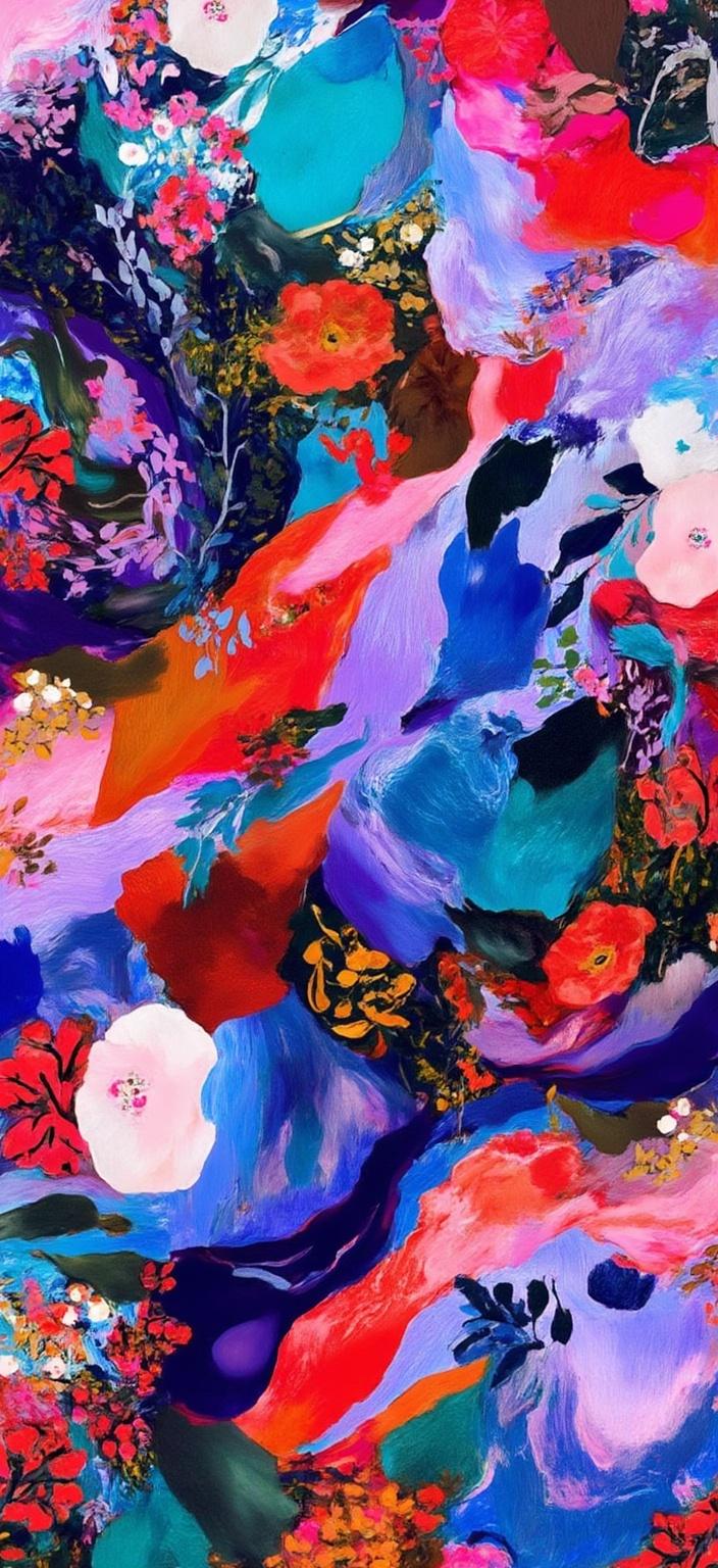 colorful_illustration, For your digital wallpaper design, envision an entrancing abstract fluid art composition that captivates the senses with its smooth, high-contrast swirls of vibrant neon-like colors—specifically featuring a dynamic mix of blue, purple, red, and white. The painting exudes a glossy, liquid texture, with flowing, wave-like gradients that evoke a sense of movement and depth. This dreamy, futuristic scene is brought to life through the elegant play of colors and textures, encapsulating a vivid, dynamic energy.

Drawing inspiration from vibrant and colorful illustration techniques, the piece carries a playful, dynamic, and hand-drawn feel. The background comes alive with organic shapes and scattered decorative elements, creating a harmonious and free-flowing quality. There are various leaves and floral elements arranged across the canvas, reminiscent of mid-century botanical prints and Scandinavian folk art, adding to the natural, intricate beauty of the design.

The lavish, decorative style of the artwork features an intricate composition blending bold organic shapes with delicate details. Scattered ornamental elements like dots, swirls, and abstract motifs embellish the piece. The luxurious layering of colors and patterns creates a captivating sense of depth and movement, providing a rich, immersive experience.

Centered to ensure a crisp, clean look, this digital wallpaper is perfectly suited for printing, allowing the vibrant interplay of colors and the elegance of the design to adorn any digital canvas with futuristic allure and natural elegance.