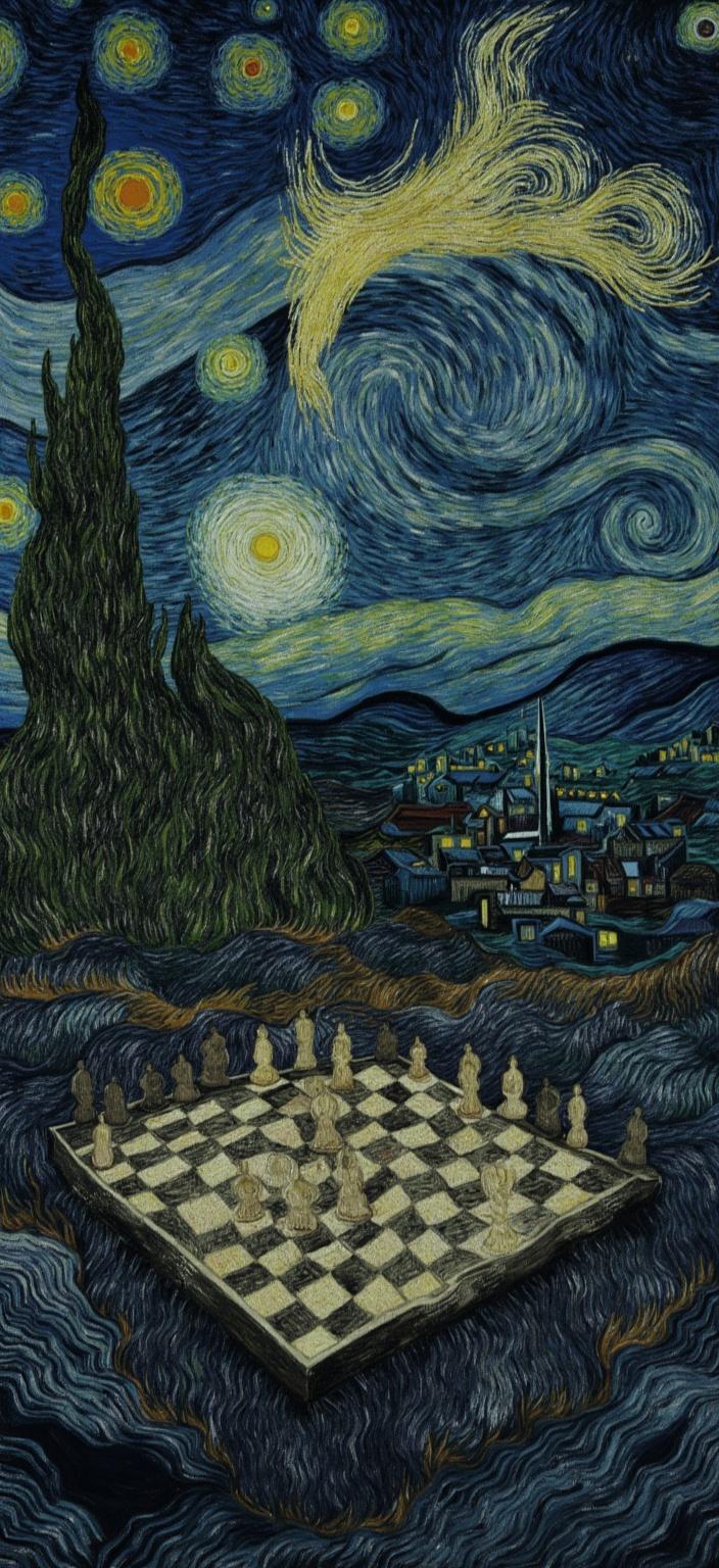 van_gogh, The painting presents a dark, moody chessboard emerging from the shadows in the foreground, its pieces strategically poised under the ethereal canopy of Van Gogh’s swirling, starry night sky. The stars, rendered in a mesmerizing dance of whirling light, draw inspiration from Van Gogh's expressive post-impressionist style, enveloping the scene in a tapestry of cosmic motion. The chessboard’s surface, intricately detailed, reflects the depth of strategic warfare, its squares a patchwork of deep indigo and somber grey, punctuated by the gleaming, ominous presence of the chess pieces.

The composition is a symphony of intense colors and dynamic brushwork, capturing the viewer’s attention with bold, expressive compositions. Vivid and rich, darker colors blanket the scene, while thick, impasto layers of paint create a tactile sense of movement and emotional depth. The artist employs bold complementary color contrasts, such as midnight blue and fiery orange or shadowy yellow and deep purple, to amplify visual intensity and impact.

Loose, energetic brushstrokes form swirling, curly patterns akin to flame-like dances, imbuing the night sky with rhythmic vitality. These vigorous, linear patterns create an animated dialogue between the celestial backdrop and the terrestrial chess game, infusing the painting with motion and a pulsating life force.

This digital artwork, perfectly centered, is designed to ensure a crisp, clean look, making it a standout digital wallpaper. The painting is infused with raw emotion and urgency, transforming it into a deeply personal yet universally compelling piece, a stunning testament to the spirit of Van Gogh’s art.