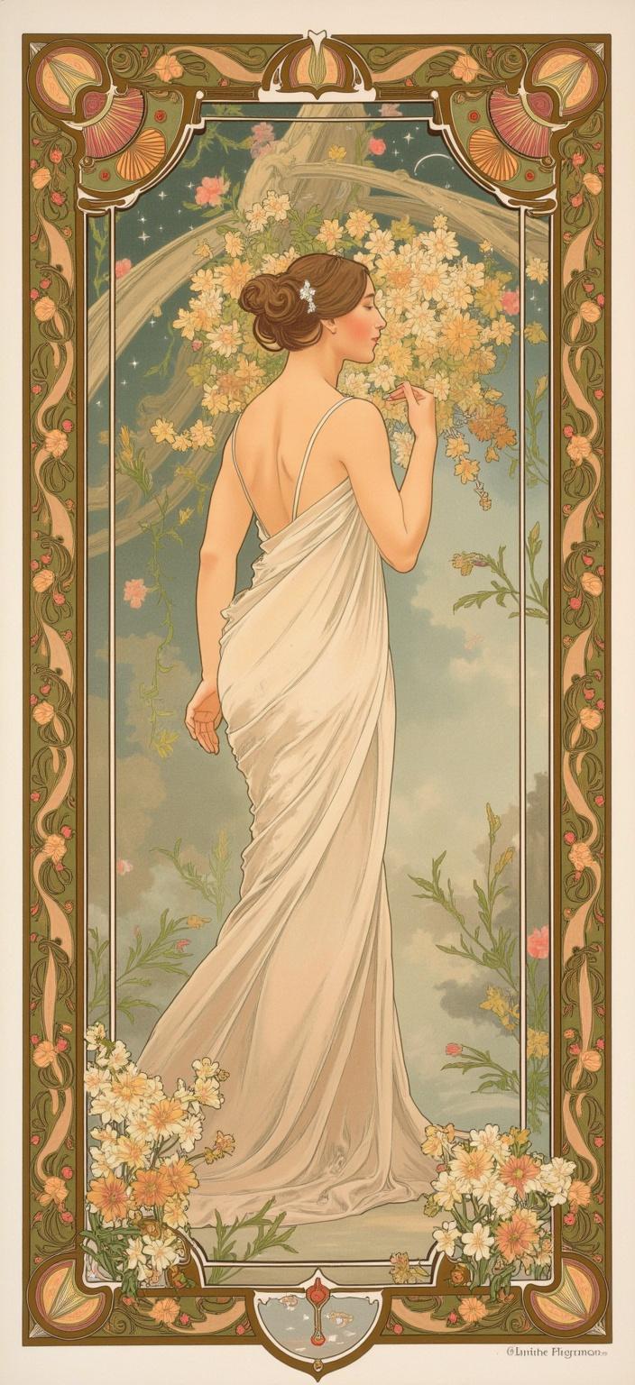 mucha, Enriched prompt: The painting depicts Eren Yeager in a captivating mirror scene, set in a romantic, dreamlike atmosphere. In this artwork, Eren stands poised before an ornate mirror, his reflection softly merging with the intricacies of the surrounding environment. Inspired by the flowing, organic lines and intricate decorative patterns reminiscent of Alphonse Mucha, the composition is a mesmerizing blend of nature and emotion. Sinuous vines and blooming flowers envelop the scene, weaving through the air in harmonious symphony with celestial elements like stars and subtle geometric patterns. The delicate colors imbue the painting with a gentle vibrancy, drawing the viewer into its serene world.

The background is highly stylized, creating a seamless integration between Eren and his ethereal surroundings. The entire composition is enclosed within an elaborate ornamental frame, bringing to mind a grand Gothic window. This intricate border, with its sweeping curves and detailed embellishments, is adorned with organic patterns, flowers, and celestial symbols. It serves not only as a visual unifier but also as a gateway into a dreamlike realm where nature and human emotion intertwine in poetic harmony. This artwork is meticulously centered to ensure a crisp, clean look, making it perfectly suited for a digital wallpaper designed to enhance any space with its delicate yet powerful aesthetic.
