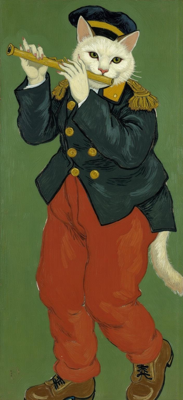 van_gogh, Enriched prompt:

The painting is a whimsical and delightful reinterpretation of Édouard Manet’s iconic ‘The Fifer’, featuring an adorable white cat as the protagonist. Standing upright with a charming confidence, the feline captures attention with its ensemble and poise. The cat is adorned in a dark, military-style jacket, intricately detailed with glinting gold buttons, adding a touch of elegance and sophistication. Vibrant red trousers provide a dramatic flair, while a black cap, trimmed with a striking yellow band, perches atop its head, seamlessly complementing the outfit.

Positioned gracefully on the viewer’s right, the cat holds a flute predominantly with its left paws, conveying the impression of a melodious performance. Its large, luminous eyes, filled with an expressive curiosity, offer a delightful twist on the classical composition, enchanting and engaging viewers with a sense of whimsy and harmony.

The background features a rich olive green, rendered in a flat yet lush painterly style, reminiscent of 19th-century French realism. This is complemented by intense colors and dynamic brushwork, inspired by the described art style. Vivid, rich colors are applied in thick, impasto layers, creating a sense of movement and emotional depth. Bold complementary color contrasts—such as blue and orange, or yellow and purple—heighten visual impact and add intensity to the scene.

The painting employs loose, energetic brushstrokes, often swirling with curly, flame-like patterns, imparting a rhythmic, almost pulsating quality. Vigorous, linear patterns contribute to a sense of urgency and life, making the artwork both deeply personal and universally compelling. The composition is centrally positioned, ensuring a crisp, clean look that is ideal for a digital wallpaper, transforming it into a personal expression of art suitable for a personal space.
